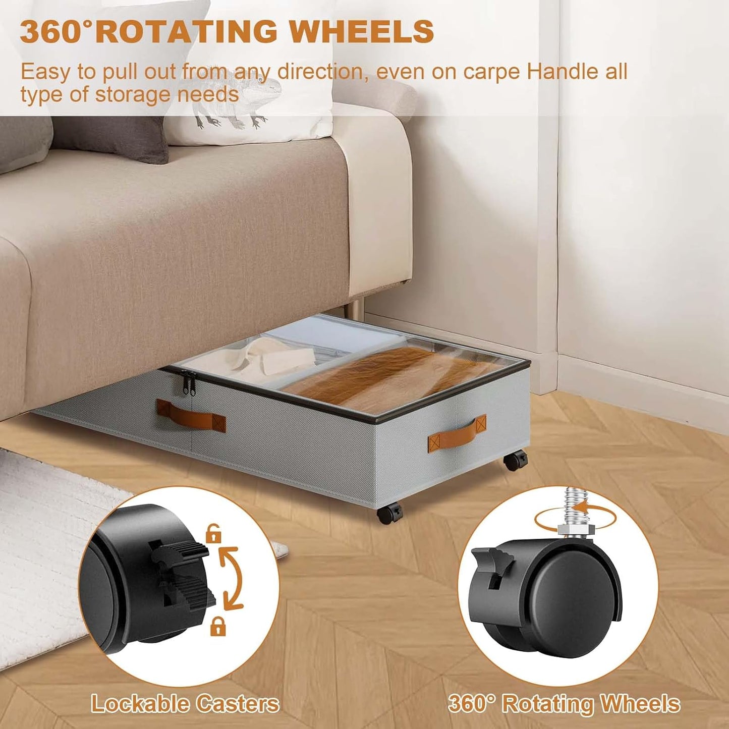 GAOMON Under Bed Storage with Wheels, 2 Pack Rolling Under-Bed Storage Containers with Clear Lids, Low Profile Storage Bins for Clothes, Shoes, Toys, Blankets - Space Saving Underbed Organizer