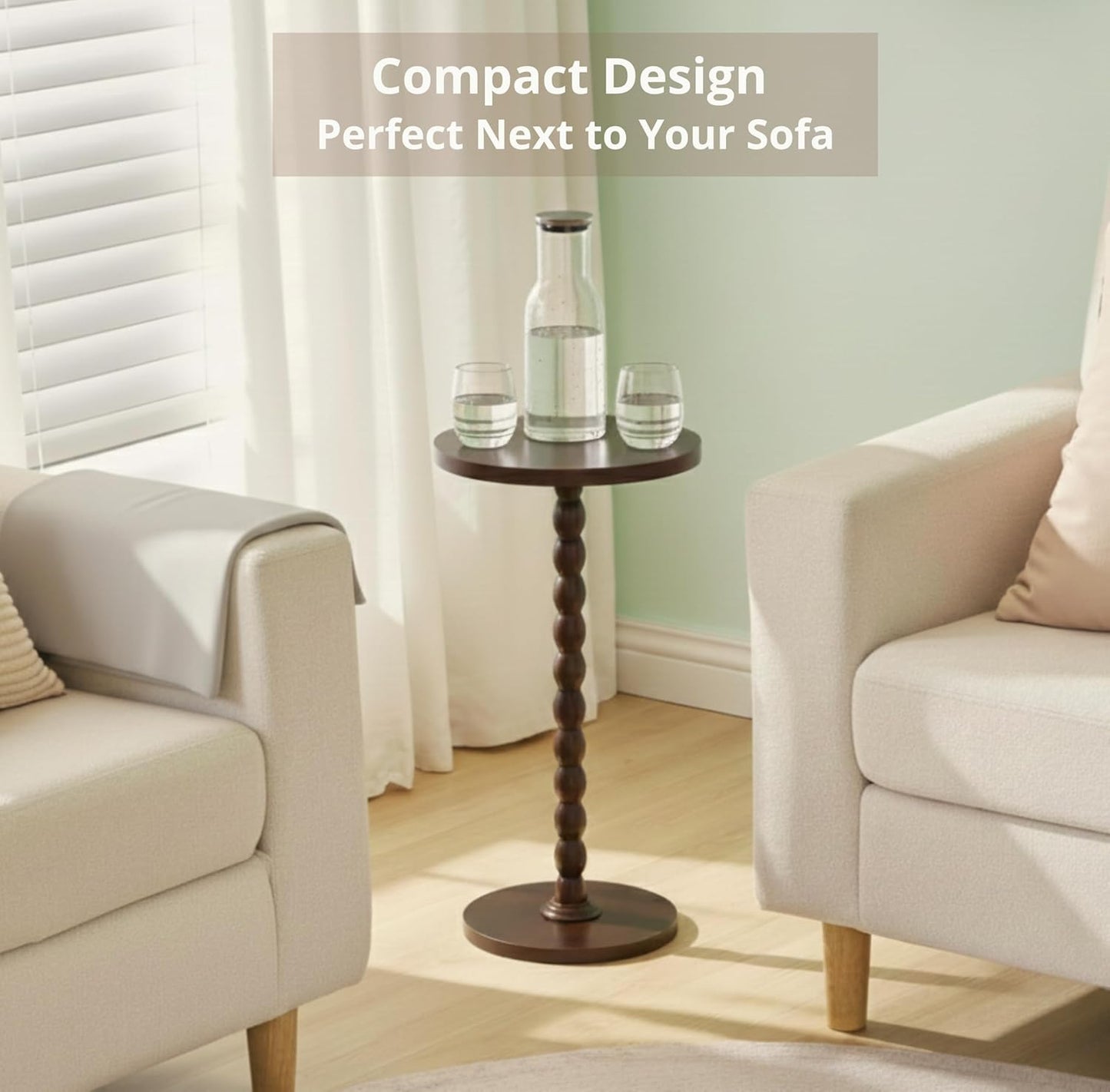 Round Wooden Small Side Table for the Living Room, Modern Pedestal Side Table for Small Spaces, Drinks, Corner, Accent Piece, and Compact Nighstand Bedroom, Tool-Free Assembly Easy, Walnut
