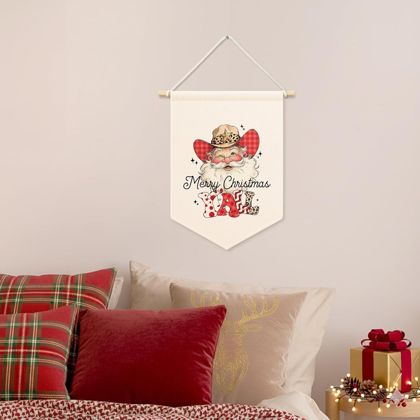Merry Christmas Y'all Santa Kids Room Decor, Western Cowboys Cowgirls Banner Canvas, Rustic Winter Wall Hanging Frame Decor Art Pennant Flag for Toddler Room Playroom 11x15in