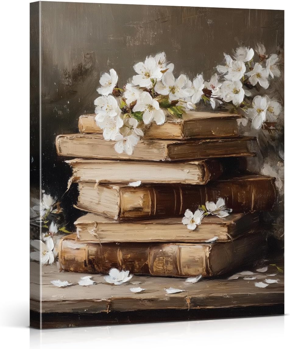Vintage Book Flowers Wall Art Floral Stack of Books Canvas Print Poster Bookish Wall Decor for Home Reading Nook Library 8x10 Inch Framed