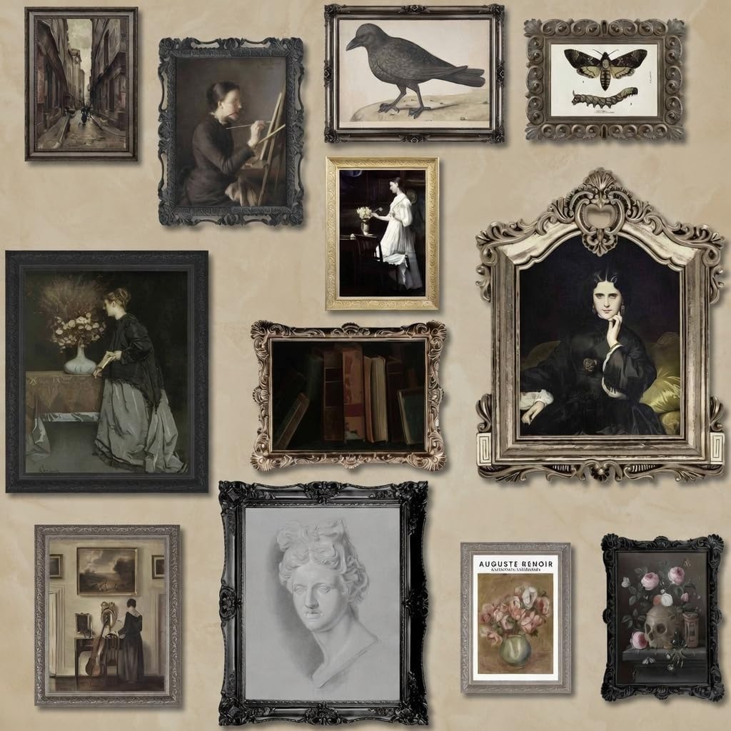 MAZUKO 12PCS Dark Academia Wall Art – Antique Victorian Portrait Prints, Cottagecore Dorm Home Decor, Moody Vintage Ladies Wall Decor for Bedroom, Gothic Aesthetic Room Decorations - UNFRAMED (Dark 7)
