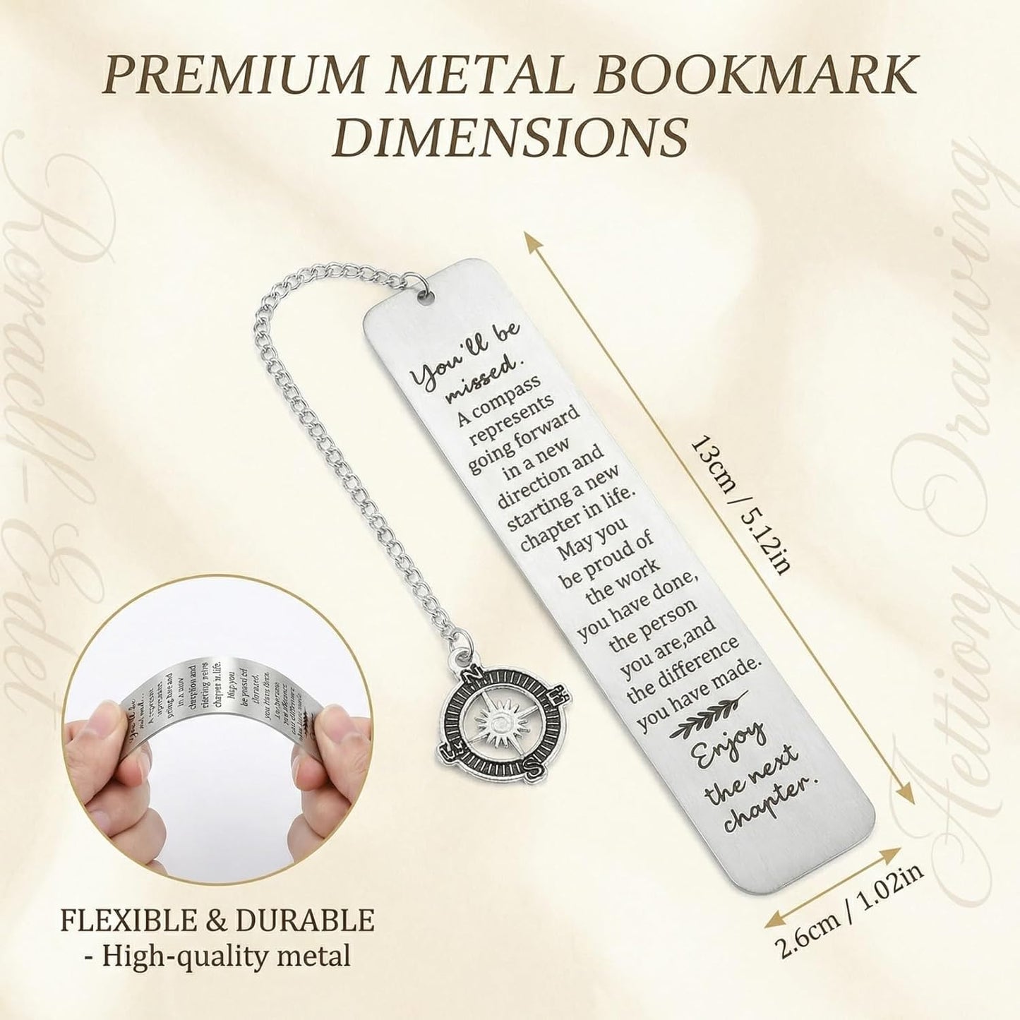 1 Piece Metal Bookmark, Inspirational Compass Design with Engraved Message, Ideal for Coworker Leaving Gifts and Retirement Gifts for Women, Men, Teachers (5.1x1 Inch, Silver)