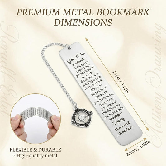1 Piece Metal Bookmark, Inspirational Compass Design with Engraved Message, Ideal for Coworker Leaving Gifts and Retirement Gifts for Women, Men, Teachers (5.1x1 Inch, Silver)