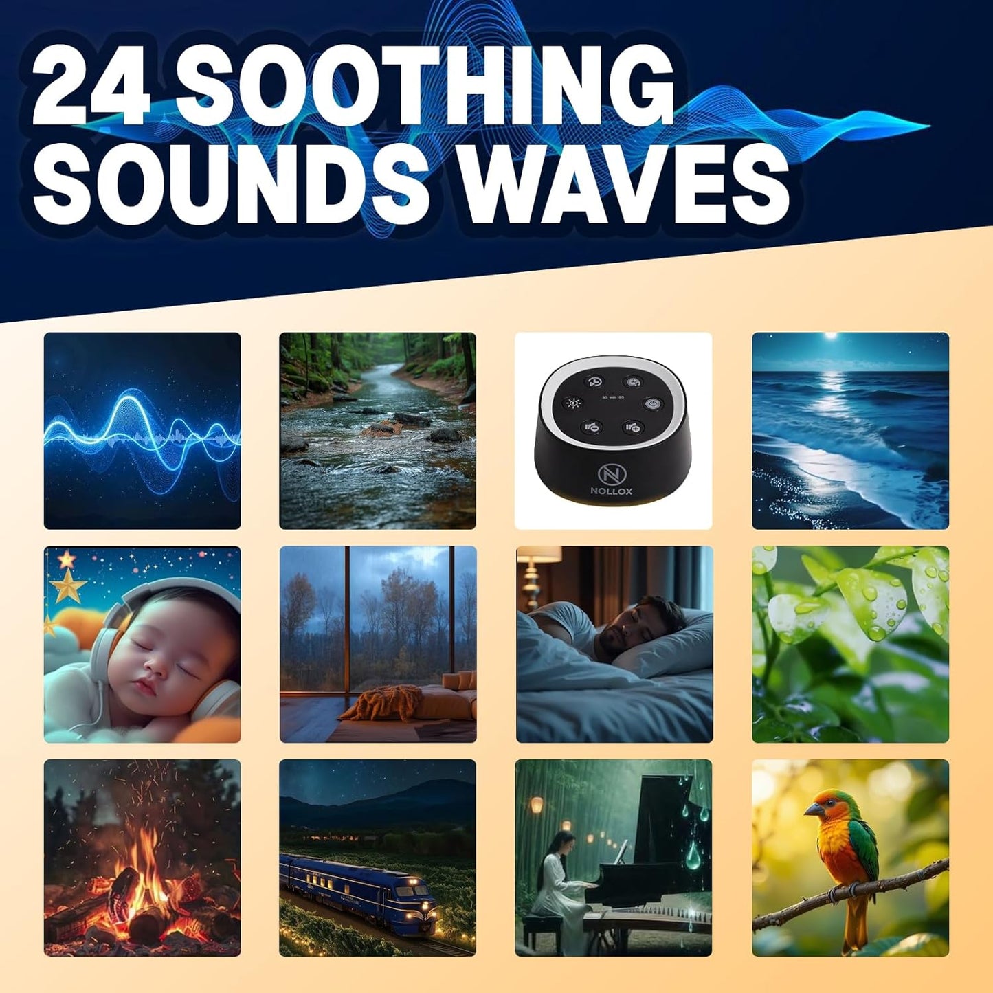 White Noise Machine for Baby Kids & Adults 24 Soothing Sounds Cry Sensor Night Light Rechargeable via Type-C Timer & Memory Portable Sleep Sound Device