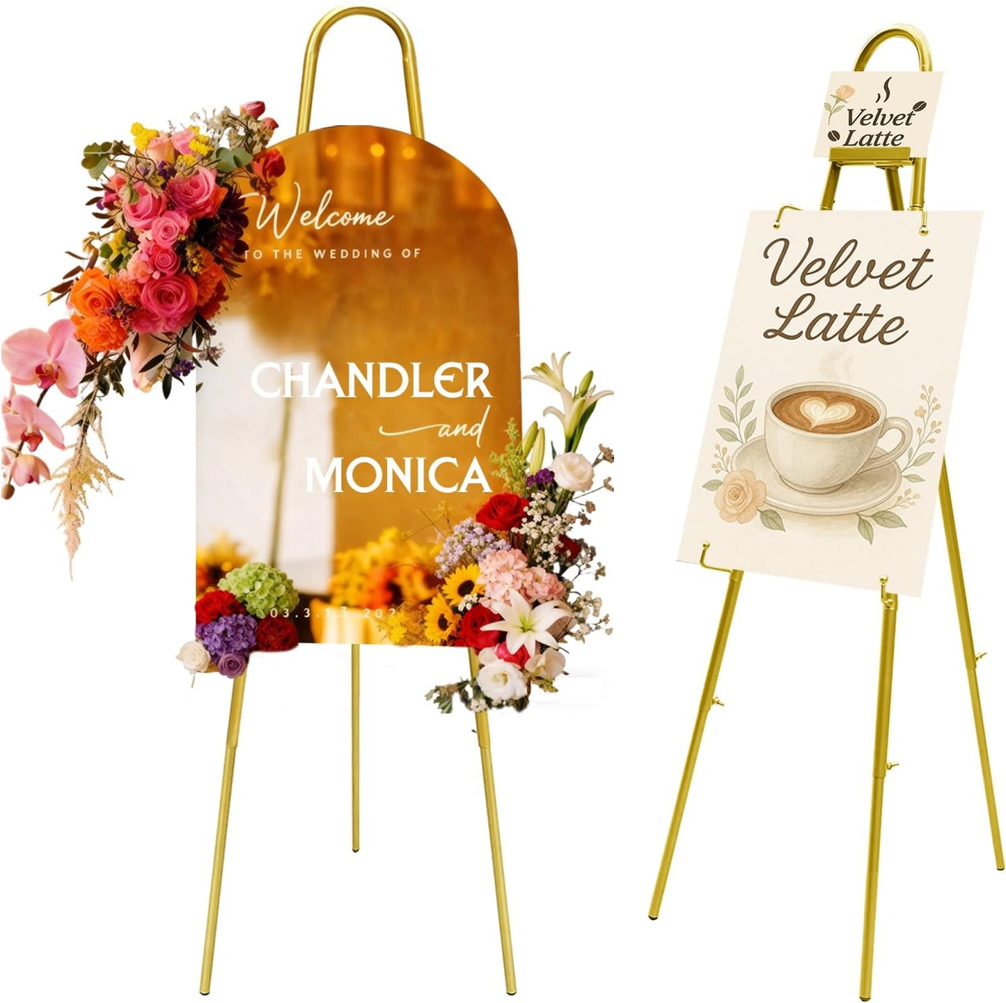 57"–42" Height Adjustable Gold Easel Stand for Signs, 4 Display Modes, Stable at Any Position with 4 Hooks – Perfect Welcome Sign Stand, Heavy Duty Easel Stand for Wedding Sign,Parties, Art & Events