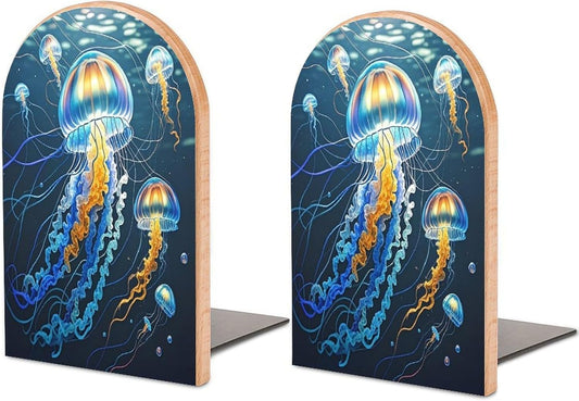Color Jellyfish Bookends 1 Pair Heavy Duty Book Ends for Shelves Non-Skid Bookend Supports Wooden Book Holders with Metal Base Desk Organizers Books Storage to Hold Books
