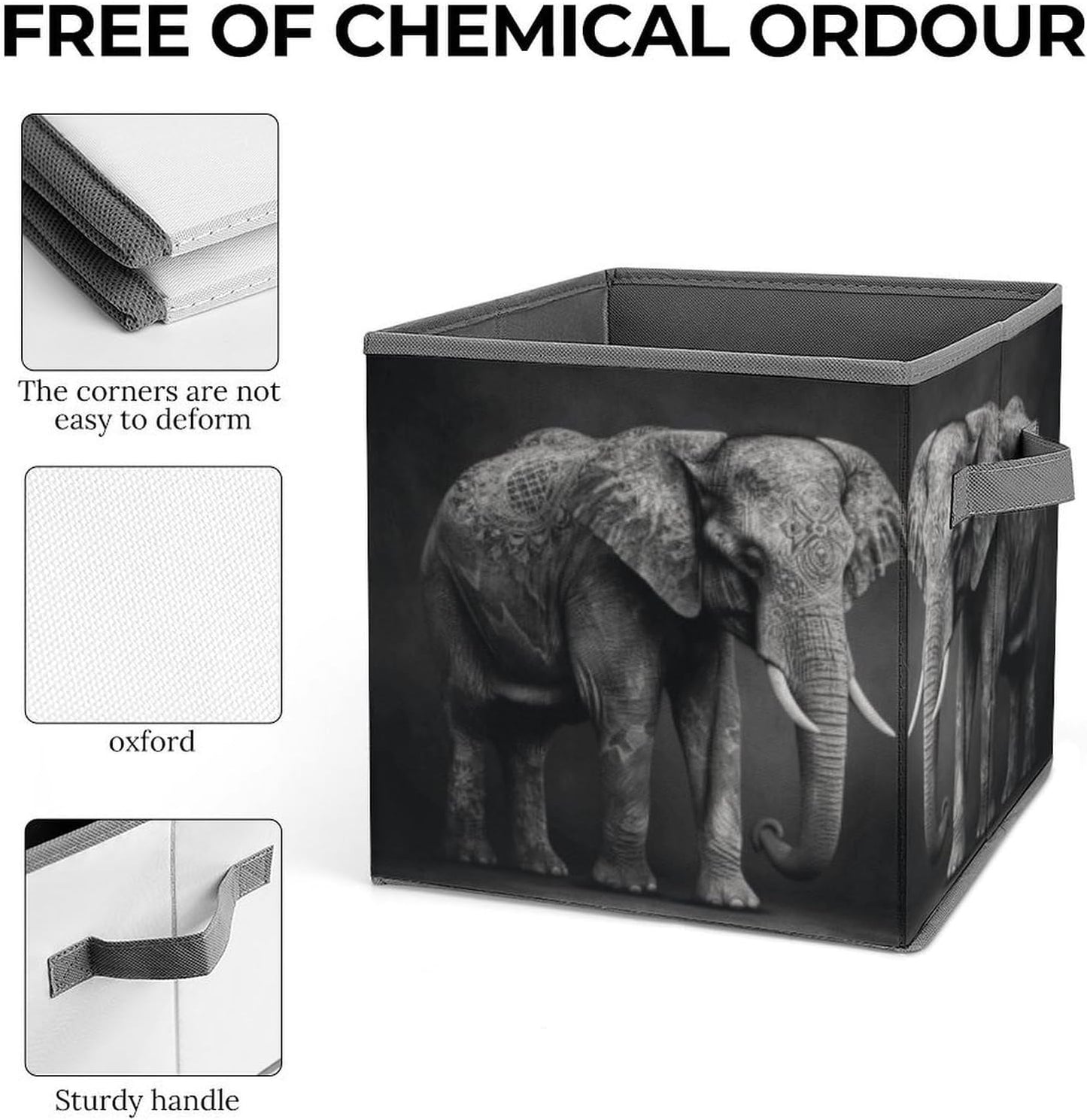 Black And White Elephant Image Storage Bins with Handles Fashion Large Storage Cubes Sturdy Foldable Storage Boxes Space-Saving Storage Baskets for Home Office Clothes Closet Organizers