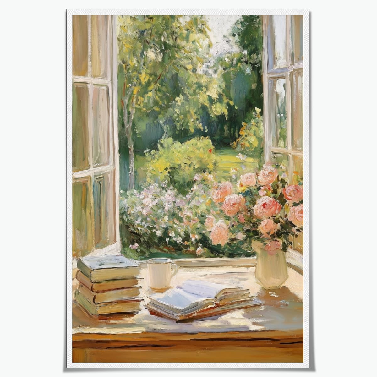Cozy Vintage Window Roses Garden View Books Coffee Canvas Artwork For Walls Wall Art Aesthetic Poster Spring Wall Art For Living Room Bedroom Office Cottage Print Posters 8x12inch Unframed