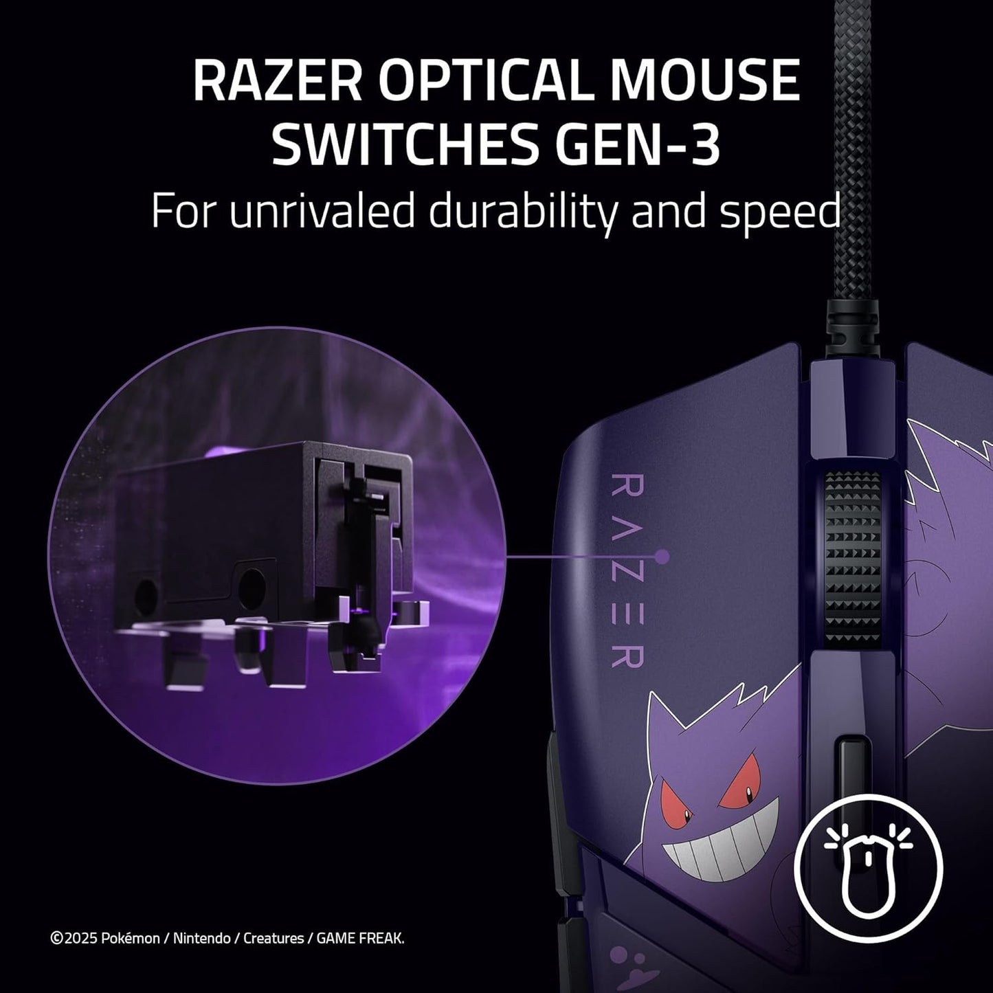Razer Cobra Wired Gaming Mouse: 58g Lightweight - Gen-3 Optical Switches - Chroma RGB Lighting Underglow - 8500 DPI Optical Sensor - 100% PTFE Mouse Feet - Speedflex Cable - Pokemon Gengar Edition