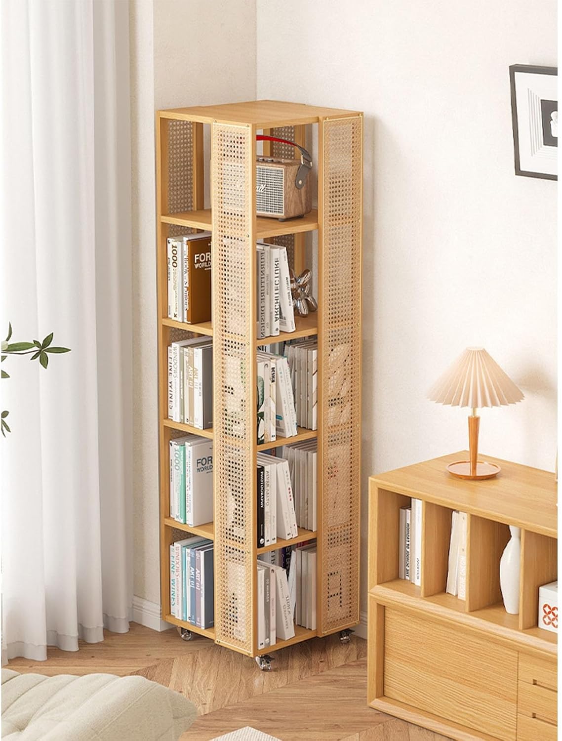 Rotating Bookshelf Tower 4/5 Tier Spinning Bookshelf Bamboo 360° Rotating Bookshelf Tower 360° Floor Standing Bookcase Storage Rack Media Display Rack Tower For Bedroom,Living Room(Brown,Four layers)