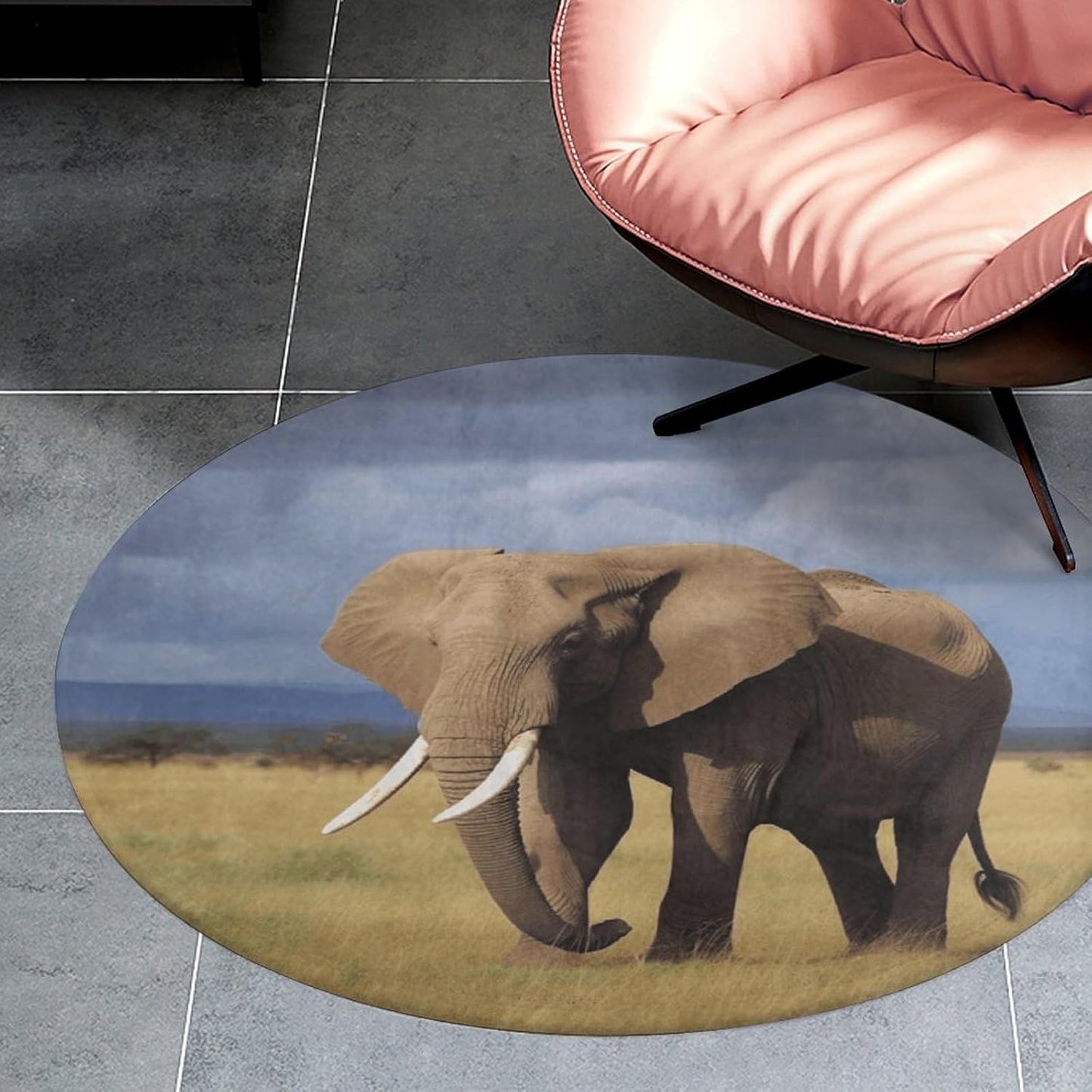Africa Grassland Elephant Circle Rug Retro Luxury Coral Velvet Floor Mat Non Slip Soft Indoor Floor Carpet Comfy Thickened Area Rugs Modern Aesthetic Minimalist Carpets for Home Decor