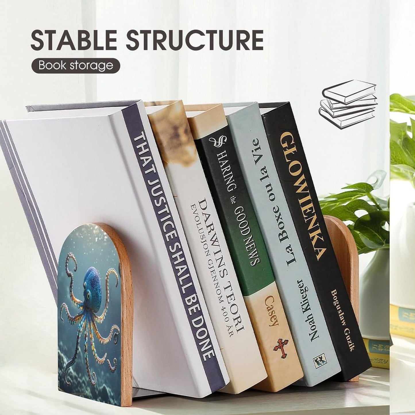 Octopus Bookends 1 Pair Heavy Duty Book Ends for Shelves Non-Skid Bookend Supports Wooden Book Holders with Metal Base Desk Organizers Books Storage to Hold Books
