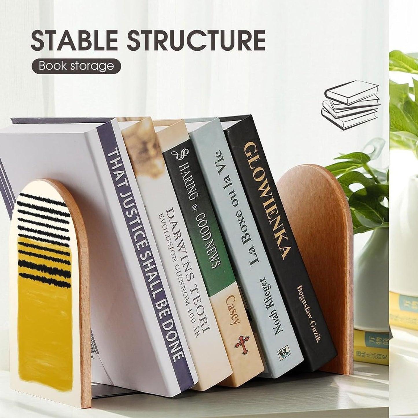 Mustard Yellow Lines Wooden Bookend Non-Slip Book Ends Heavy Duty Book Stopper with Metal Base Books Holderd Decorative Bookends Stands Firmly for Office Supplies