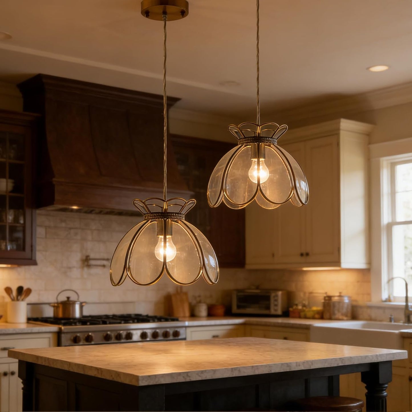 Brass Glass Ceiling Pendant Light, Hanging Chain lamp, with Vintage Lotus Flower Glass Shade for Kitchen Island Dining Room Bedroom Living Room-12 Clear Large Shade