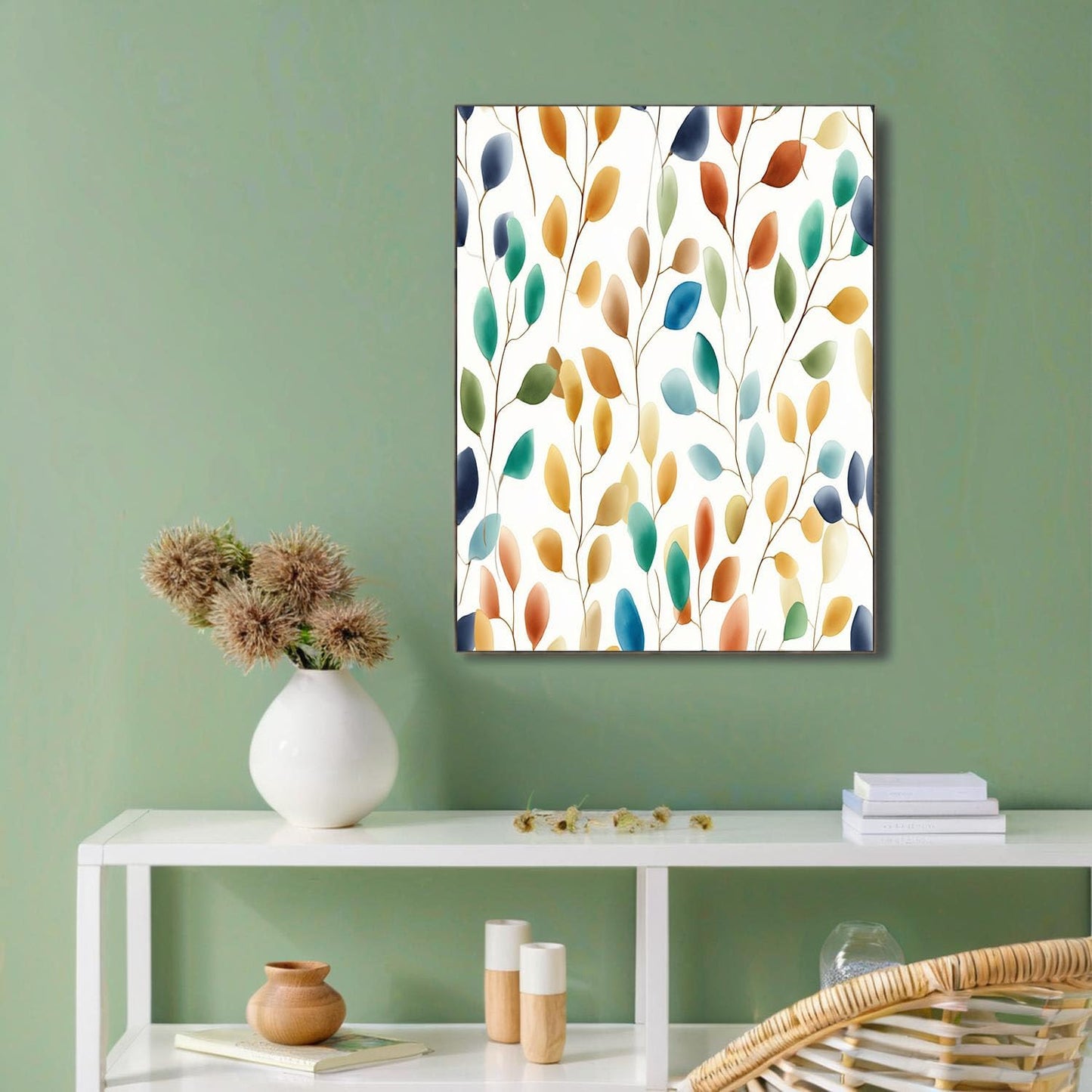 GDJSMIN Watercolor Abstract Branches Wall Art, Orange Green Leaves Pattern Poster For Reading Room Living Room Decor 12X 16 Inch Unframed