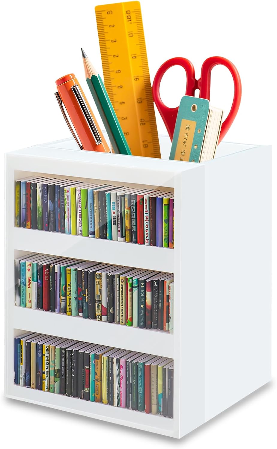 Anxiety Bookshelf Ornament Mini Bookshelf Miniature Library with 100pcs Mini Books, Mini Bookstore, Shake Off Your Anxiety, Bookmark or Pencil Holder Organizer for Book Lovers Home Decor (White)