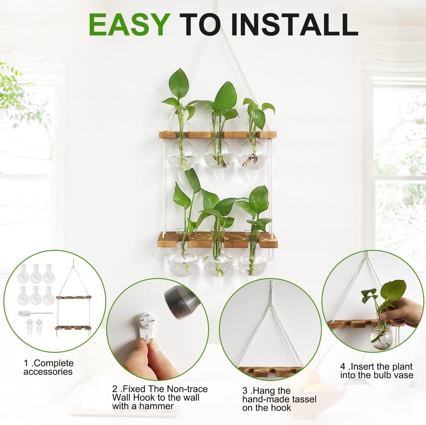 Plant Propagation Station Wall Hanging, Plant Terrarium with 2 Tiered Wooden Stand for Hydroponics Plants, Unique Gardening Gifts for Women Mom Plants Lovers - 6 Bulb Glass Vases