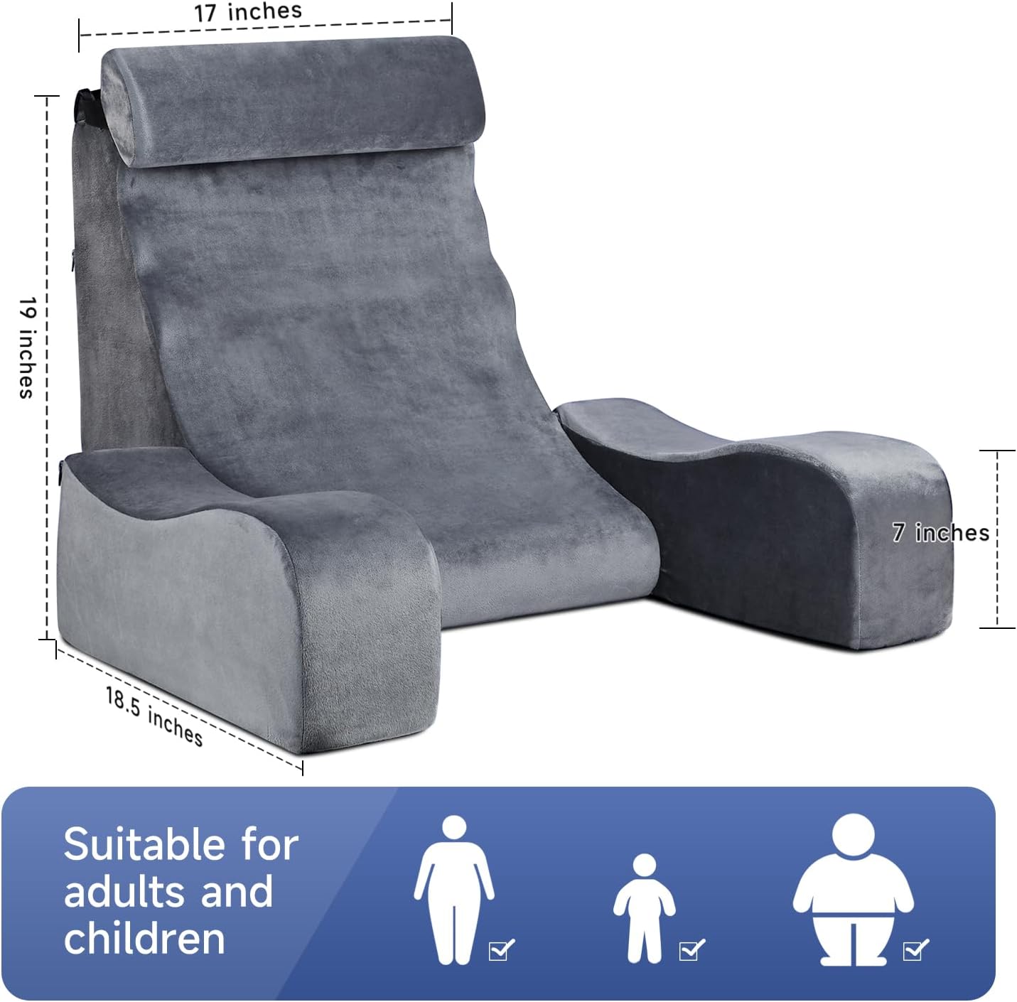 SofGlowly Reading Pillow for Sitting in Bed Adult, Back Support Pillow for Bed Sitting up with Arm Rest,Bed Rest Pillows for Watching TV/Reading/Gaming/Resting in Beds, Couch or Floor, Medium 19" Gray