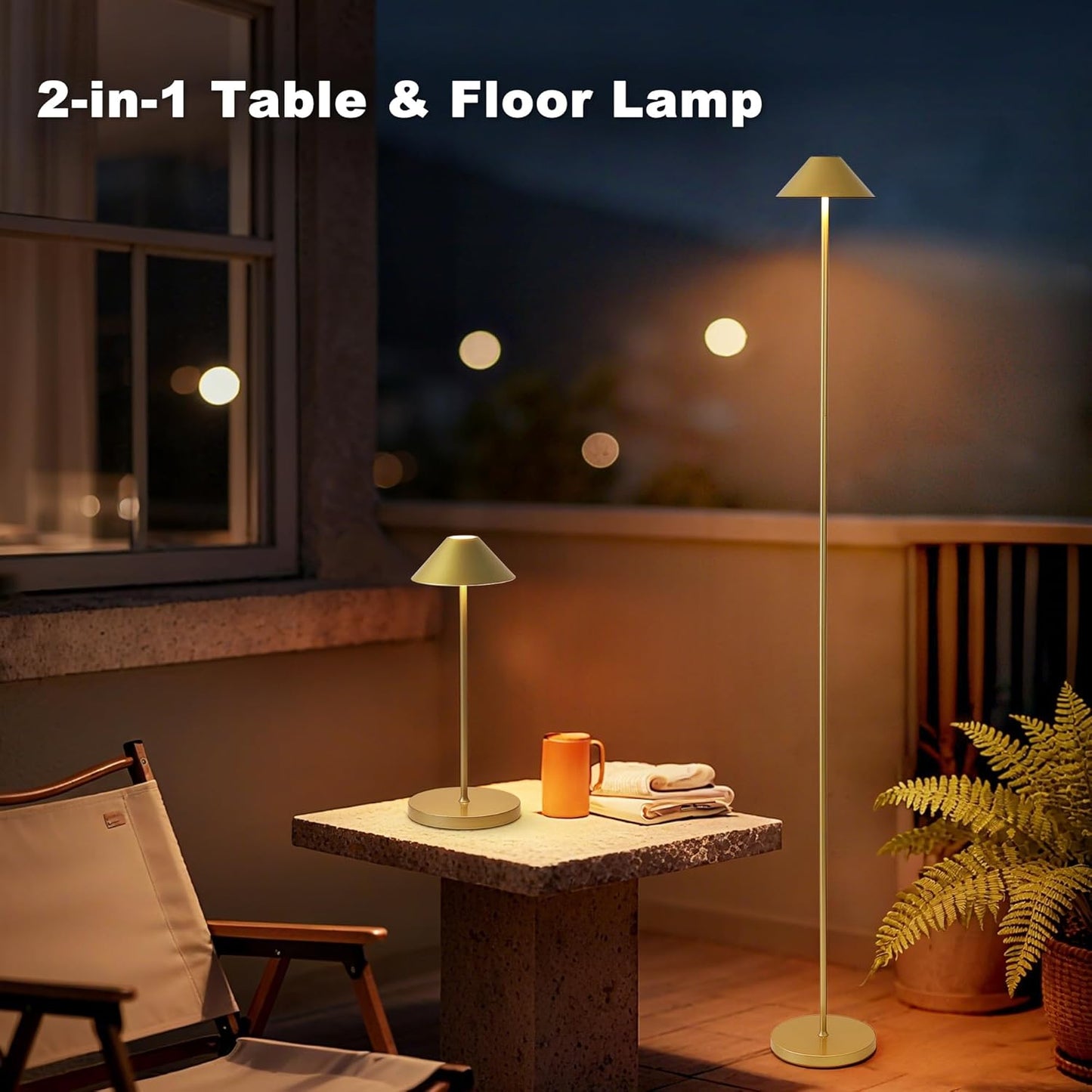 Rechargeable Floor Lamp for Indoor/Outdoor, Cordless Tall Standing Lamp with 3 Color Temps & Dimmable, IP43 Waterproof, Adjustable Height 16-59 Inch, LED Floor Lamp for Living Room, Patio(Gold)