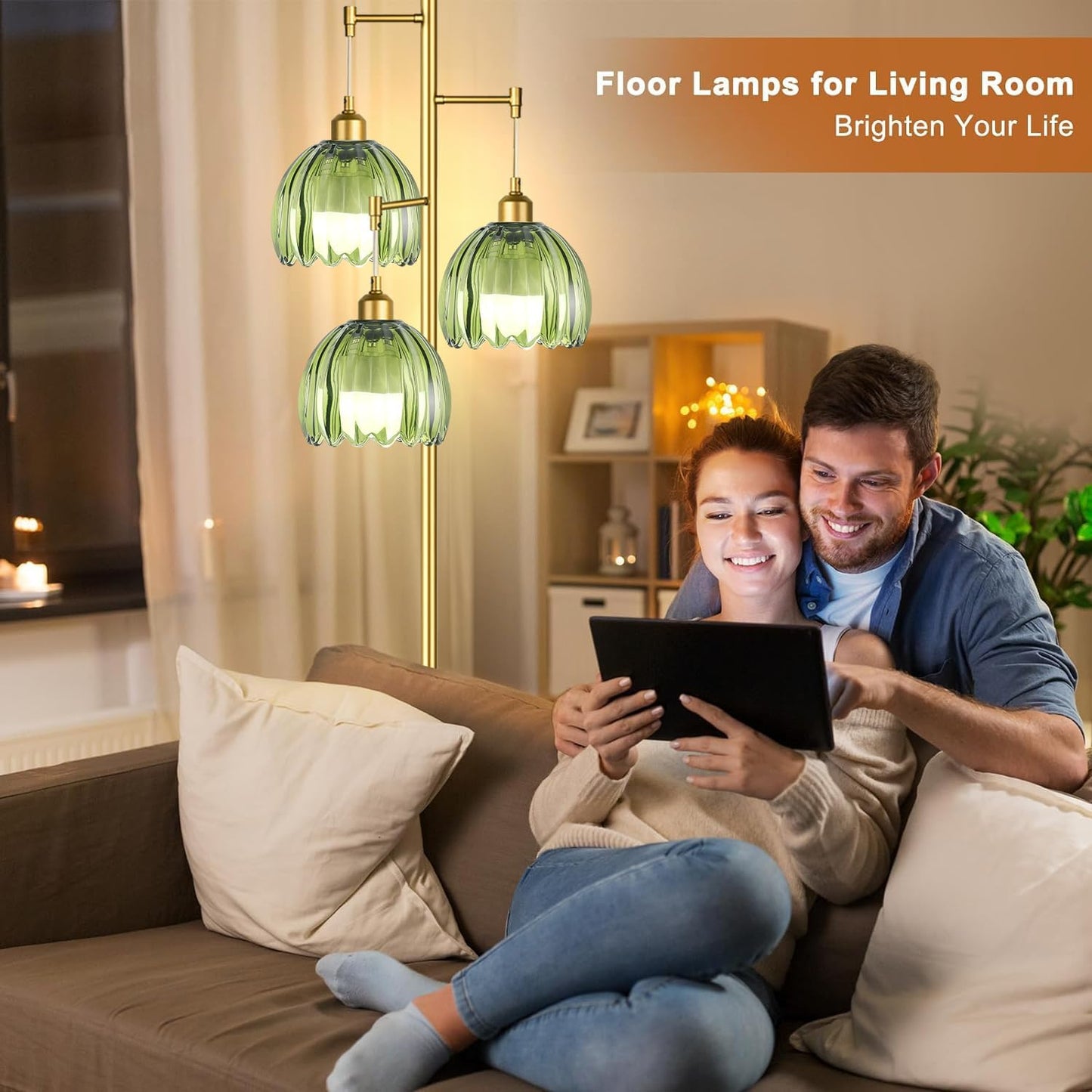 Gold Floor Lamps for Living Room Bedroom-3 Light Glass Floor Lamp with Three Led Bulb, Rustic Tall Floor Lamp Gold Standing Lamp Tree Floor Lamps for Living Room Bedroom,Office,Corner