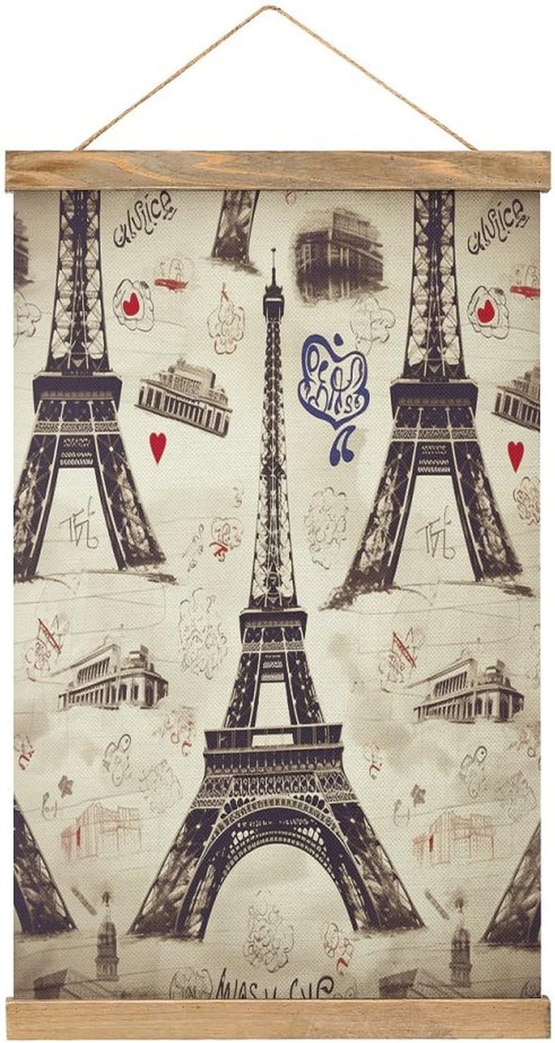 Vintage French Paris Tour Eiffel Tower Poster with Wooden Frame Personalized Linen Hanging Scroll Painting Rustic Wall Hanging Illustrative Modern Artwork Decor for Home Living Room Bedroom Office