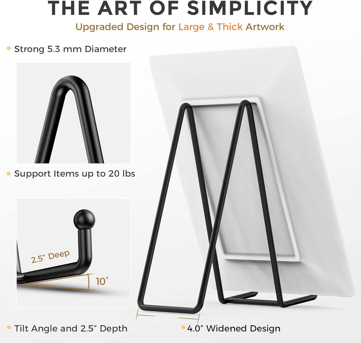 TR-LIFE 4 Pack 10 Inch Large Plate Stands for Display - Metal Plate Holder Stand + Picture Stand + Small Easels for Decorative Plate, Platter, Book, Plaques, Photo Frame, Tabletop Art