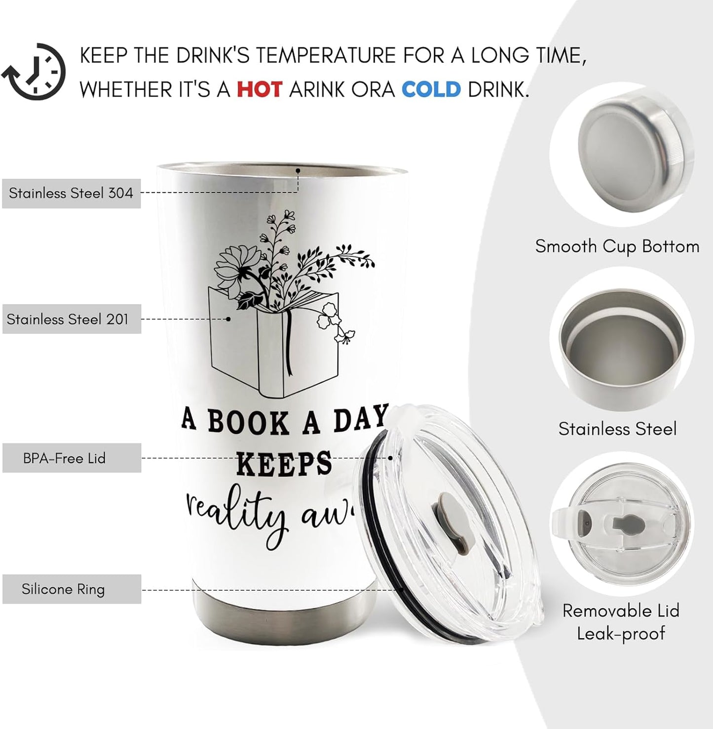 Reading Book 20oz Travel Coffee Mug Tumbler, Book Club Gifts for Readers Book Lovers Women, Bookworm Bookish Gifts, A Book a Day Water Stainless Steel Tumbler with Lid and Straw