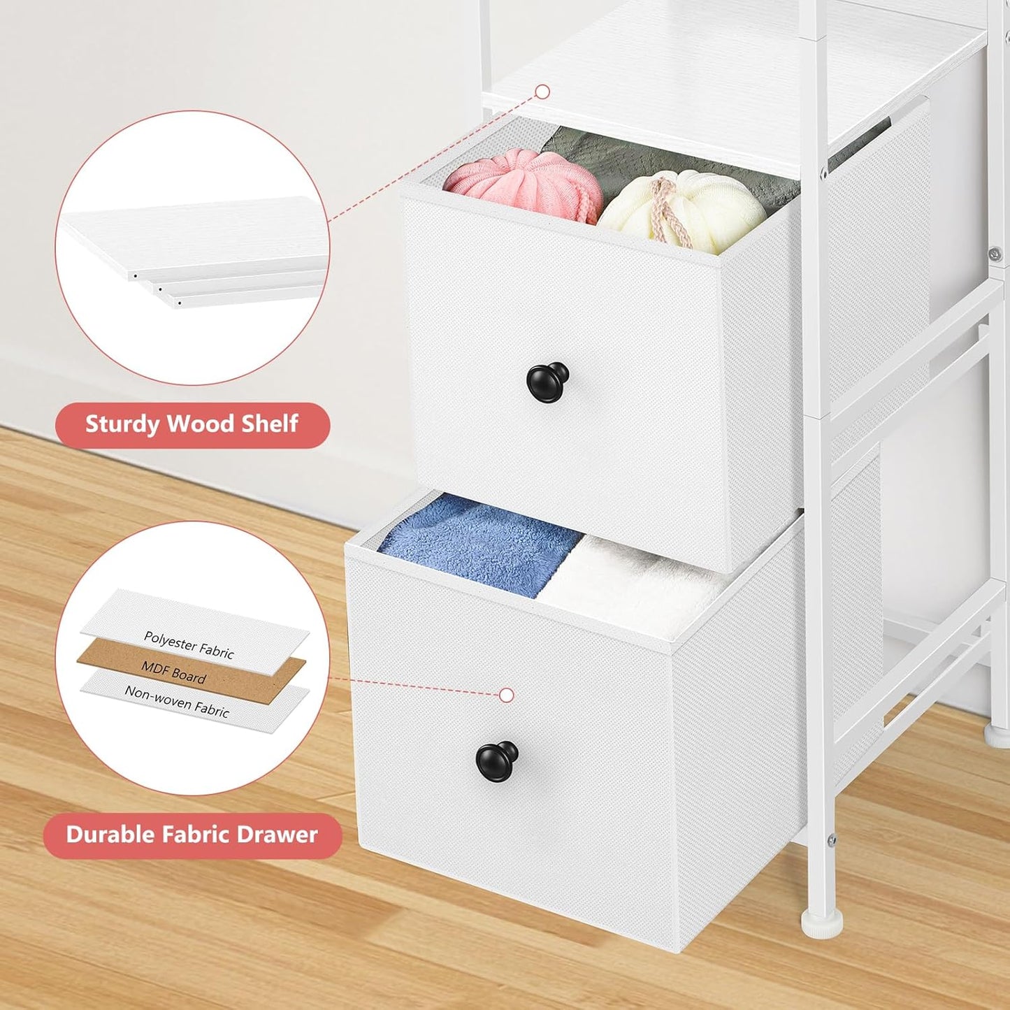 smusei Bathroom Storage Cabinet 55.9'' Tall Bathroom Storage Floor Cabinet with 2 Drawers and Shelves, Slim Corner Cabinet Narrow Bathroom Organizer Rack for Living Room, Kitchen, White