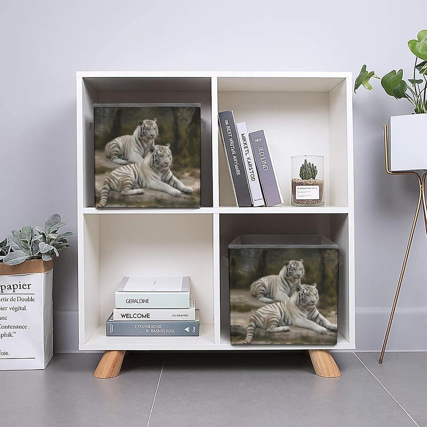 White Tigers Storage Bins with Handles Fashion Large Storage Cubes Sturdy Foldable Storage Boxes Space-Saving Storage Baskets for Home Office Clothes Closet Organizers