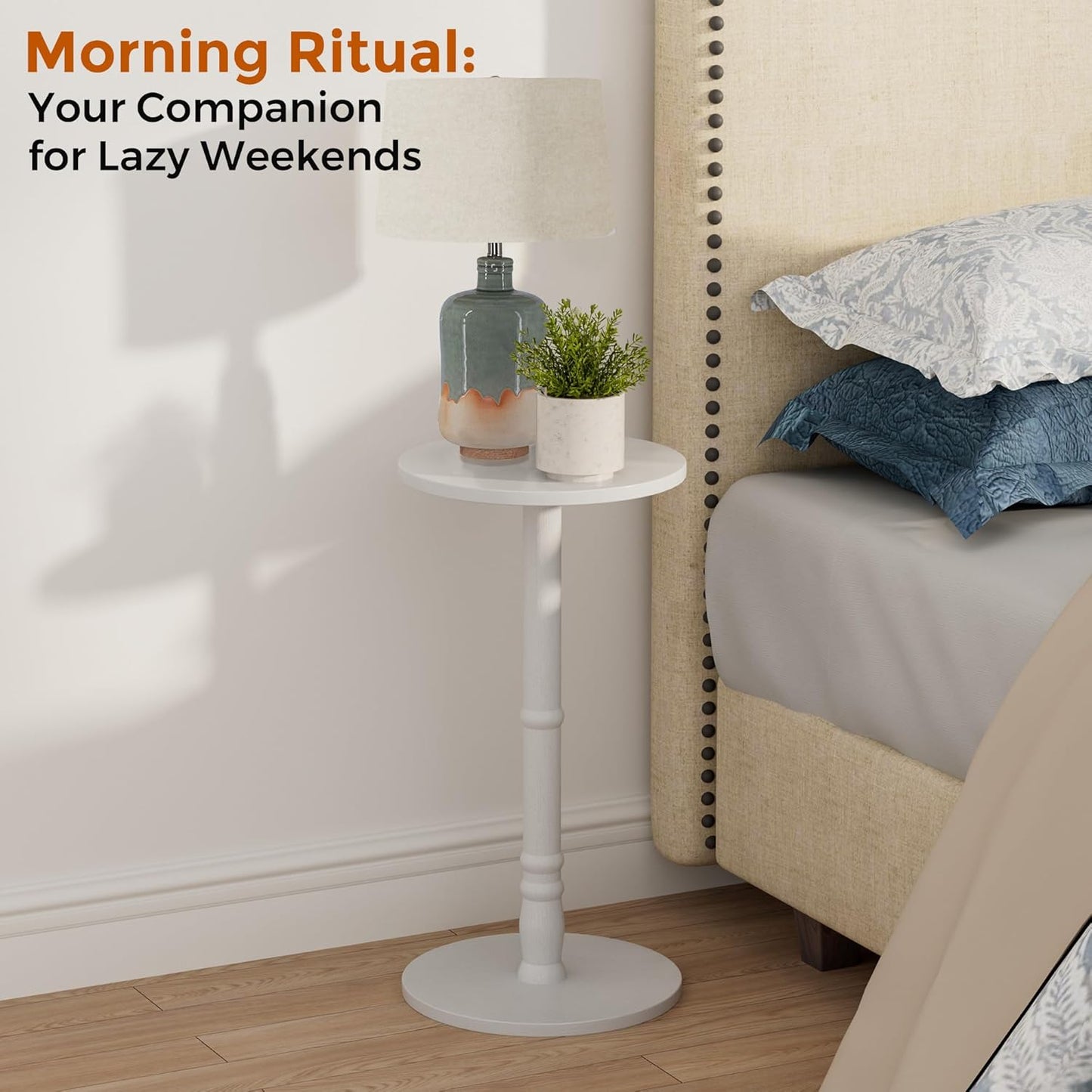 12" Round Side Tables Set of 2, Solid Wood Pillar with Wood Top & Base, Small Drink Accent Table for Living Room, Bedroom, Sofa & Office, Easy Assembly, White