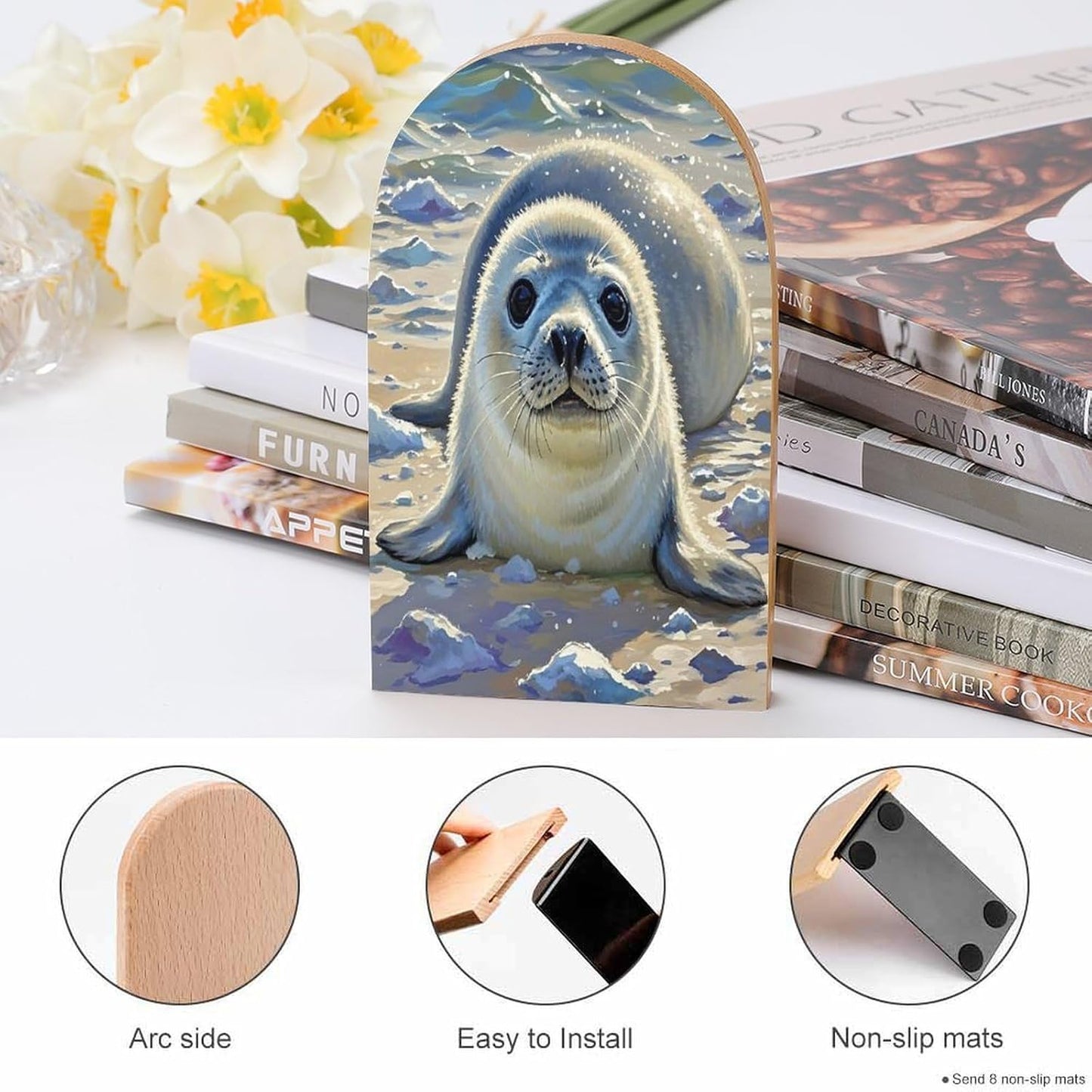 Harp Seal Painting Bookends 1 Pair Heavy Duty Book Ends for Shelves Non-Skid Bookend Supports Wooden Book Holders with Metal Base Desk Organizers Books Storage to Hold Books
