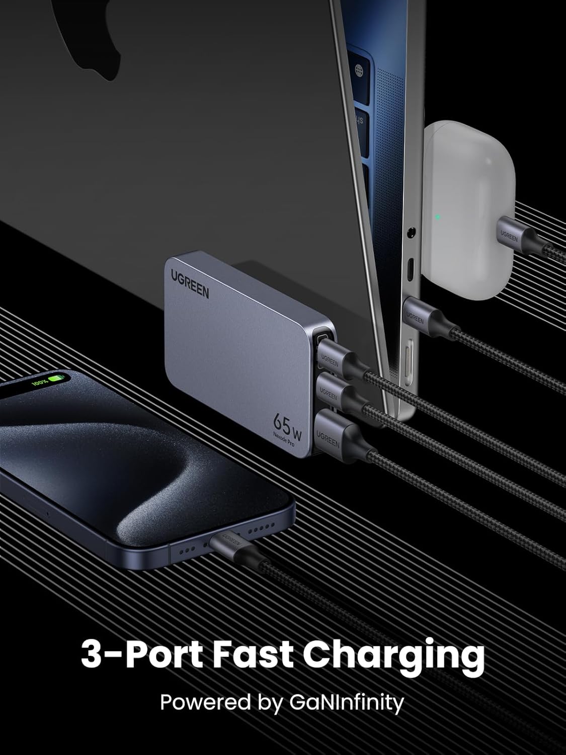 UGREEN Nexode Pro 65W GaN USB C Slim Wall Charger, 3-Port Compact Fast PPS Charger for iPhone 17/16/15 Series, MacBook Air, iPad Pro, Galaxy S25/S24, Pixel 10/9, Steam Deck
