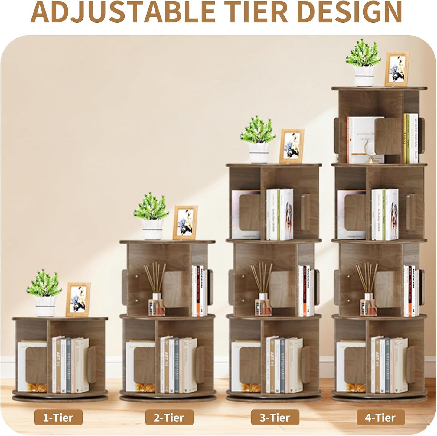 Uniclinens Wooden Rotating Bookshelf Tower 4-Tier, 360 Display Spinning Bookcase, Narrow Revolving Book Shelf Organizer for Kids&Adults, Round Bookshelves Floor Standing Storage Rack, Walnut