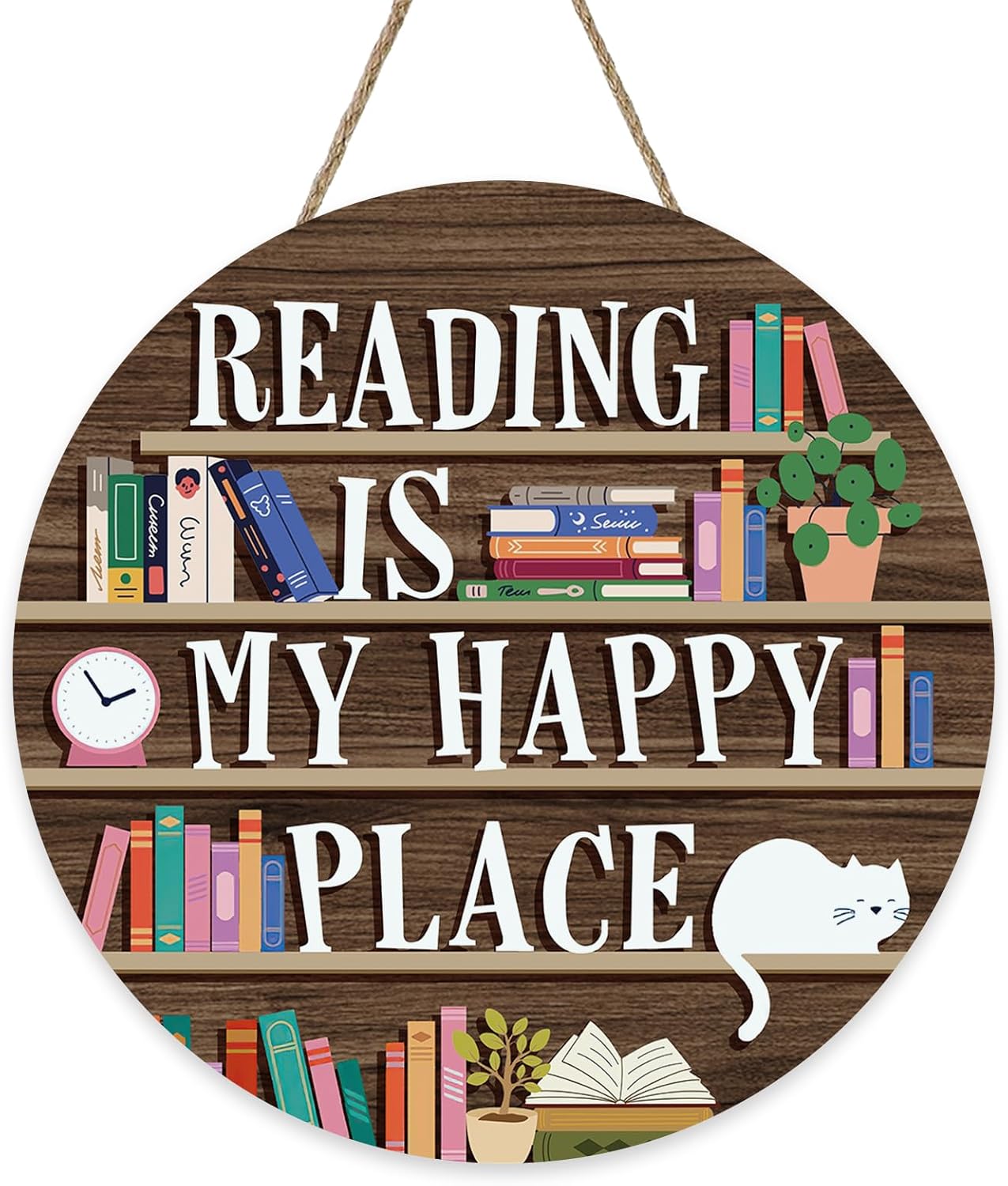 Reading is My Happy Place Front Door Sign, Inspirational Wooden Hanger School Classroom Library Reading Corner Home Decor, Wreath Indoor Wall Hanging Decoration Bookish Reader Book Lover Gift