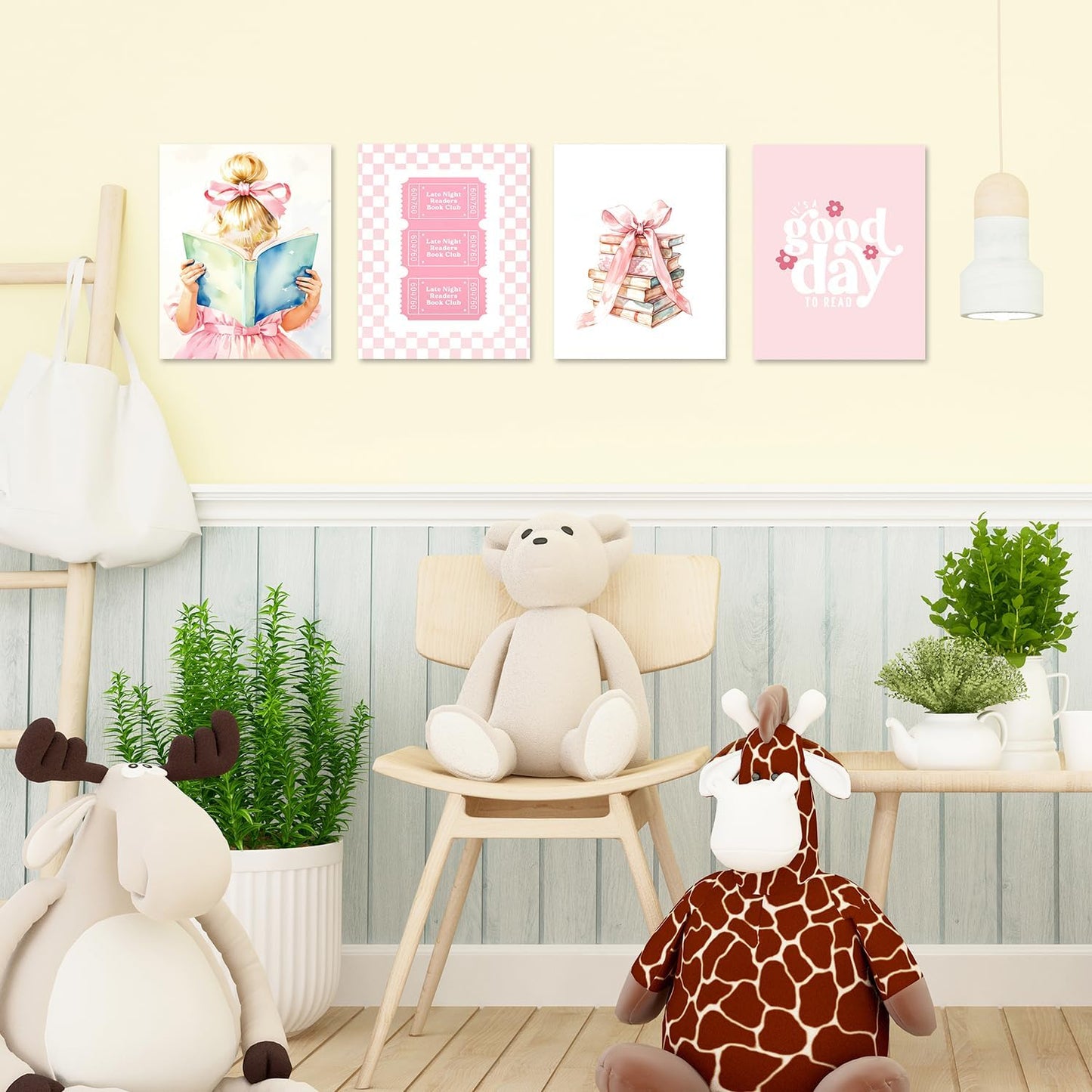 JINYO Coquette Pink Bow Book Wall Art Prints Set of 4, Reading Nook Corner Decor, Preppy Blonde Girl Book Ticket Wall Decor Posters Pictures for Library Reading Room Classroom, 8x10 Unframed