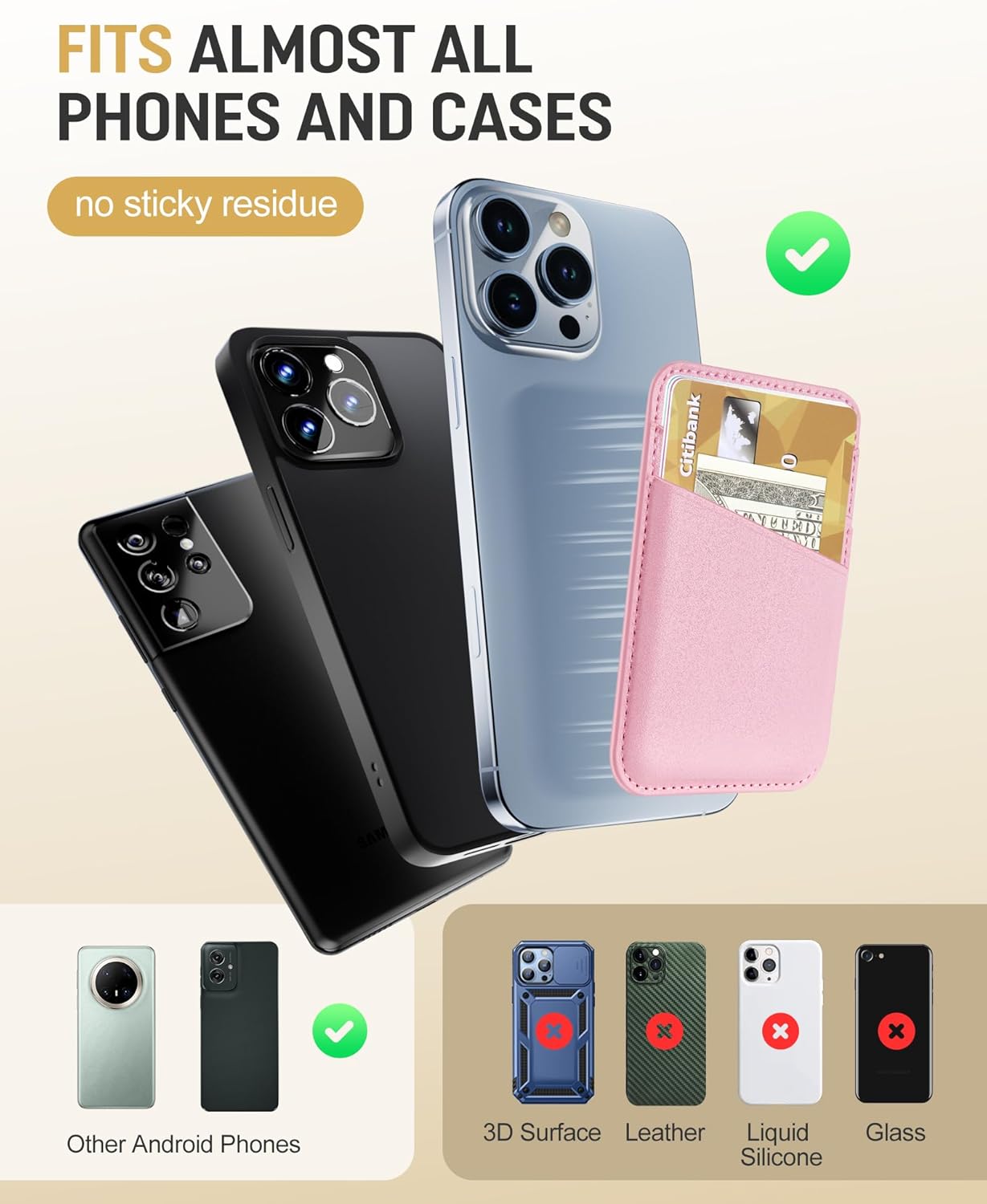 Senose Phone Wallet Stick on, 2 Pack Phone Card Holder for Phone Case, Leather Credit Card Sticky Wallet 3 Pockets Back of phone, Compatible for iPhone, Android, Samsung-White Pink