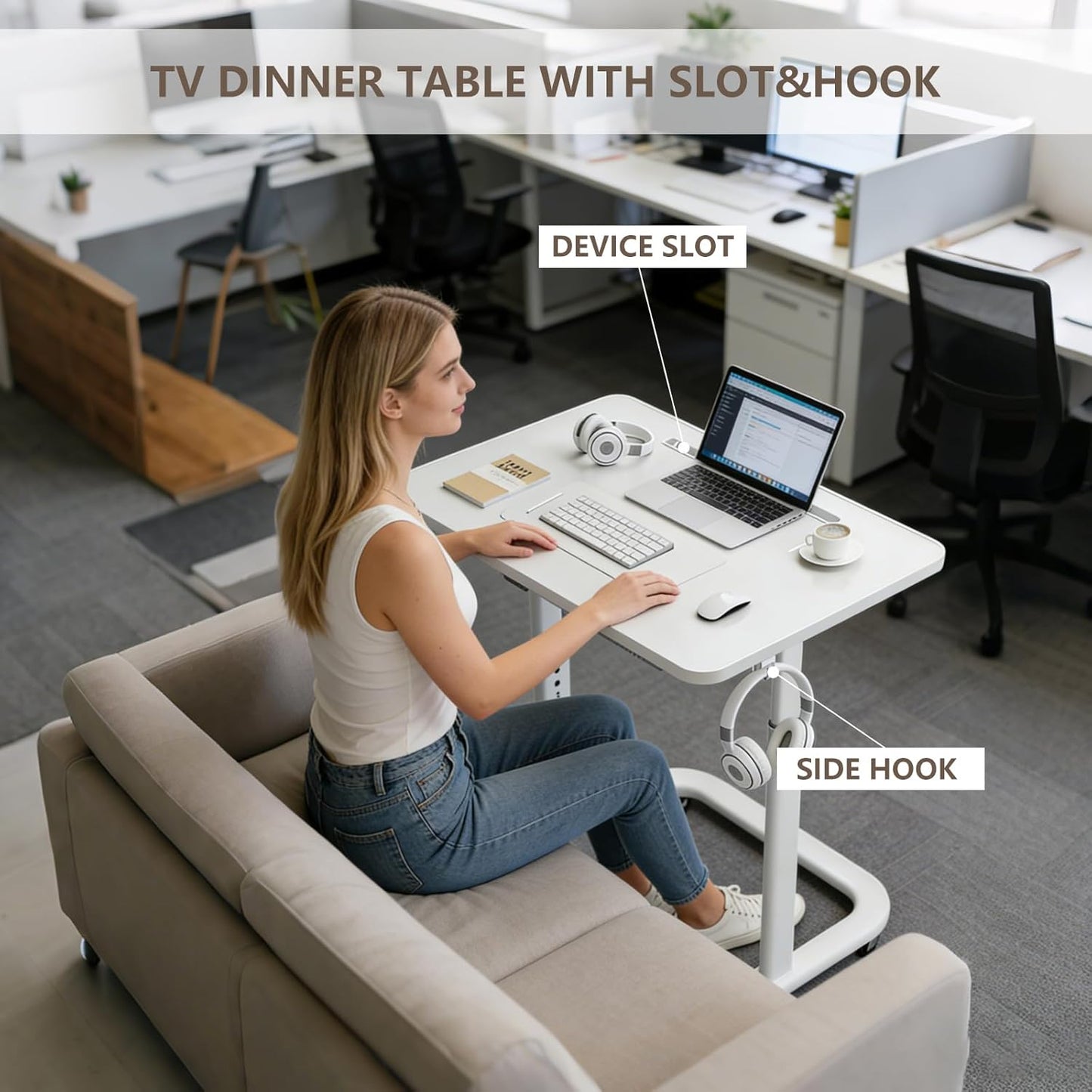 TV Dinner Tray Table,TV Trays for Eating on Couch,Height Adjustable TV Tray Table with Wheels,C Shaped End Table with Slot,Standing Rolling Laptop Desk&Wooden Snack Tray for Bed&Sofa&Recliner