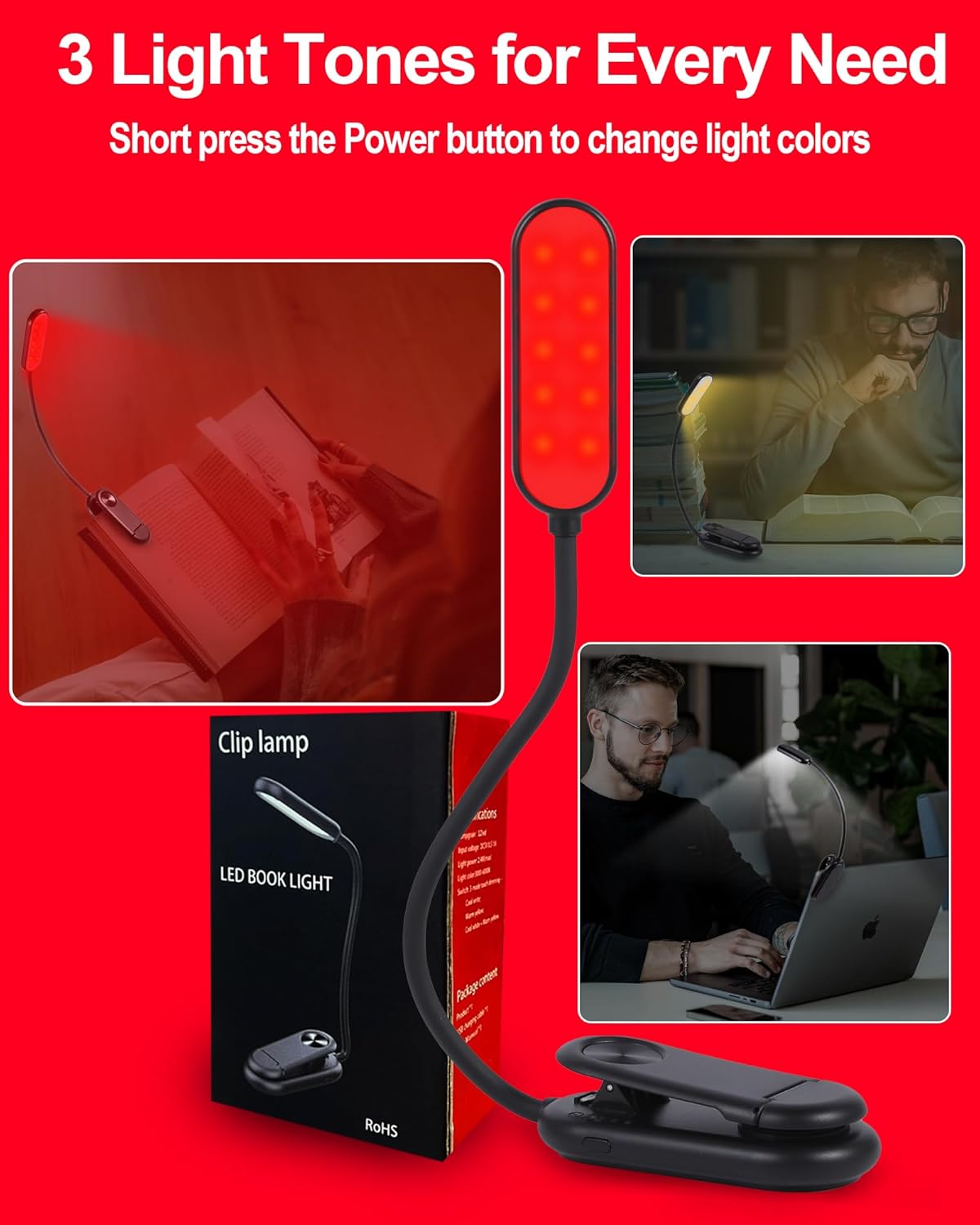625nm Red Book Light [1 Pack] - Zero Blue Light, Rechargeable Clip On Red Reading Light Lamp for Reading at Night - Poratble Dimmable LED Book Lamp, Gift for Travel Studying Nursing