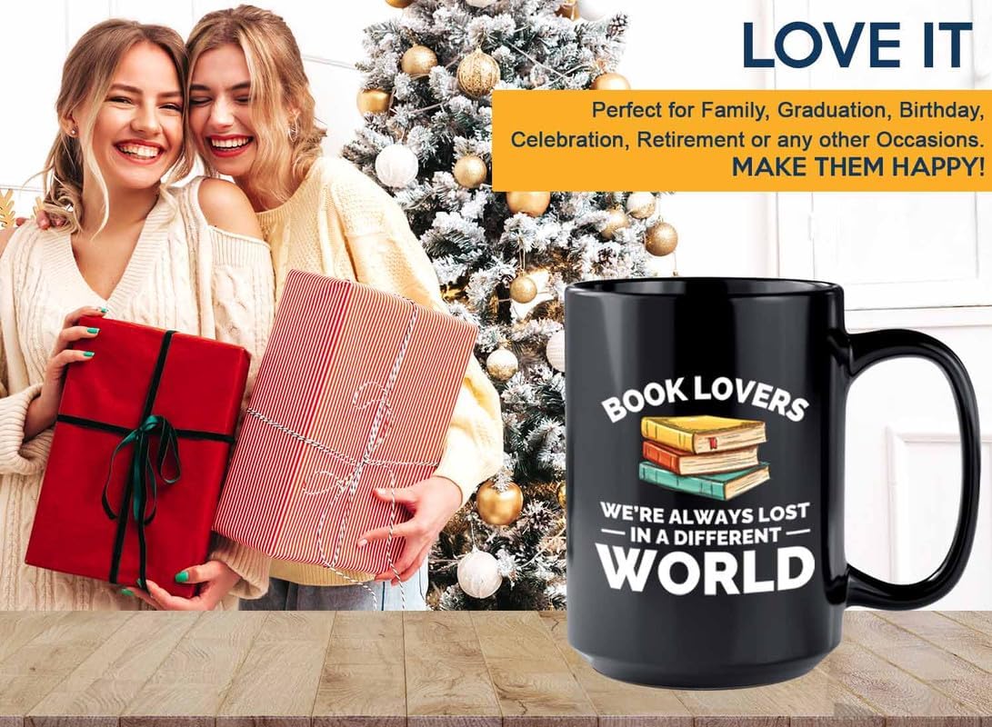 Book Lover Coffee Mug 15oz Black - Always lost in - Gift For Poets Bookish People Bibliophile Librarian Book Club Reader