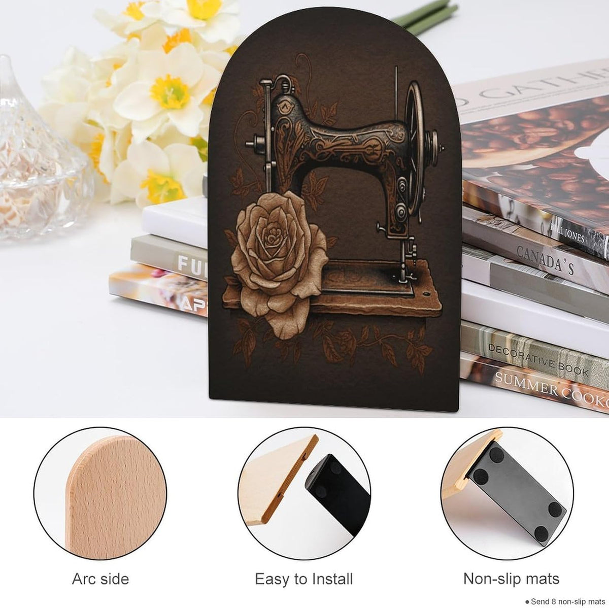 Rose and Sewing Machine Wooden Bookend Non-Slip Book Ends Heavy Duty Book Stopper with Metal Base Books Holderd Decorative Bookends Stands Firmly for Office Supplies