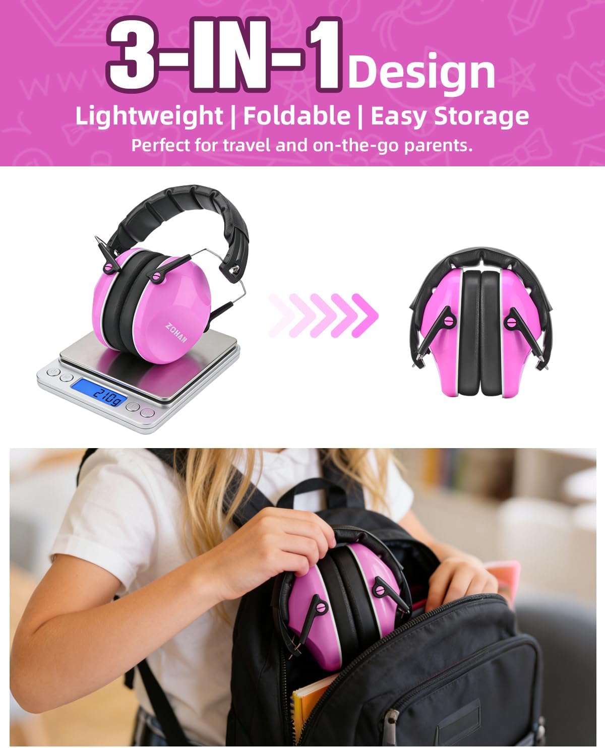 ZOHAN 032 Kids Noise Canceling Headphones - 25dB NRR Kids Ear Protection Earmuffs for School, Monster Jam, Fireworks, Travel, Air Show, Concert, Autism - Pink