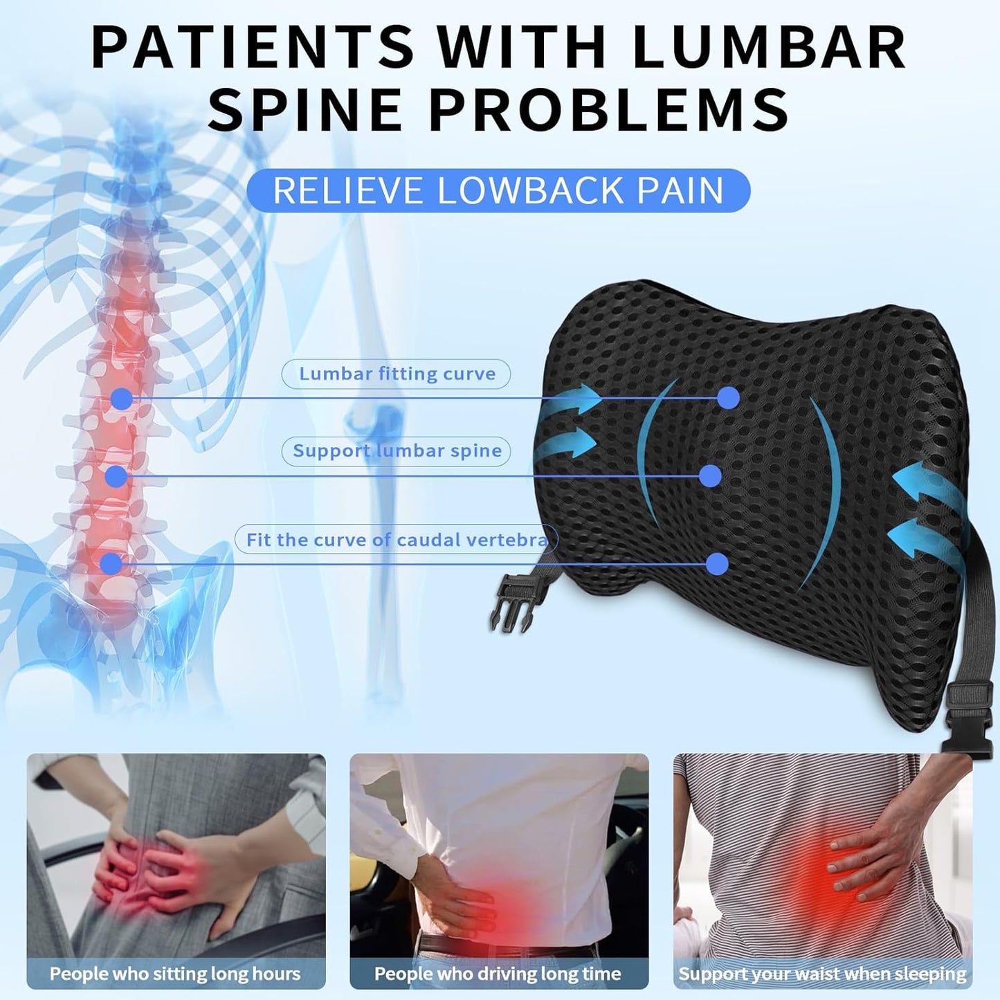 Lumbar Support Pillow with Adjustable Straps for Lower Back Pain Relief. Memory Foam Lumbar Support Pillow for Car, Bed, Office Chair, Gaming Chair, Recliner, Improves Posture Black