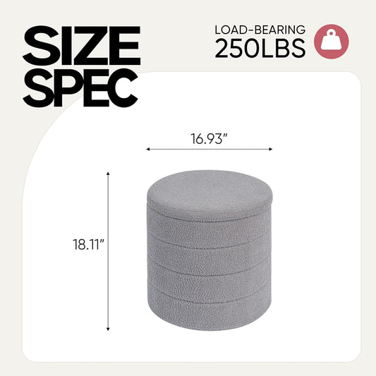 17" Teddy Fabric Round Storage Ottoman, 2-in-1 Flip Top Foot Rest，Ottoman Coffee Table for Small Space Living Room, Bedroom,Hallway-Grey
