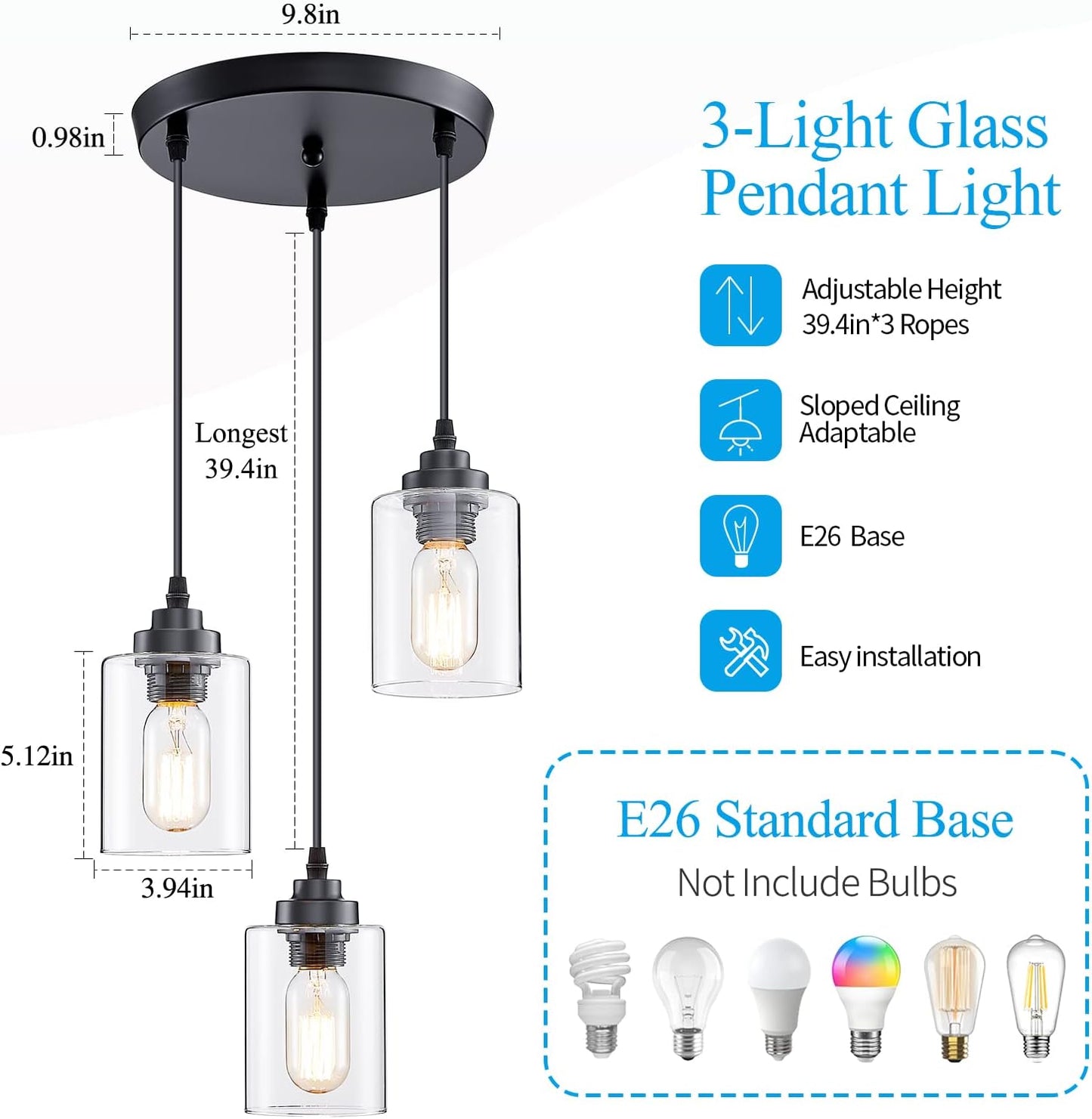 3-Light Pendant Lighting,3 Pendant Light Fixture for Kitchen Island,Dining Lamp Ceiling Hanging,with Adjustable Cord and Glass Shade for Farmhouse Living Dining Room Bar,Black