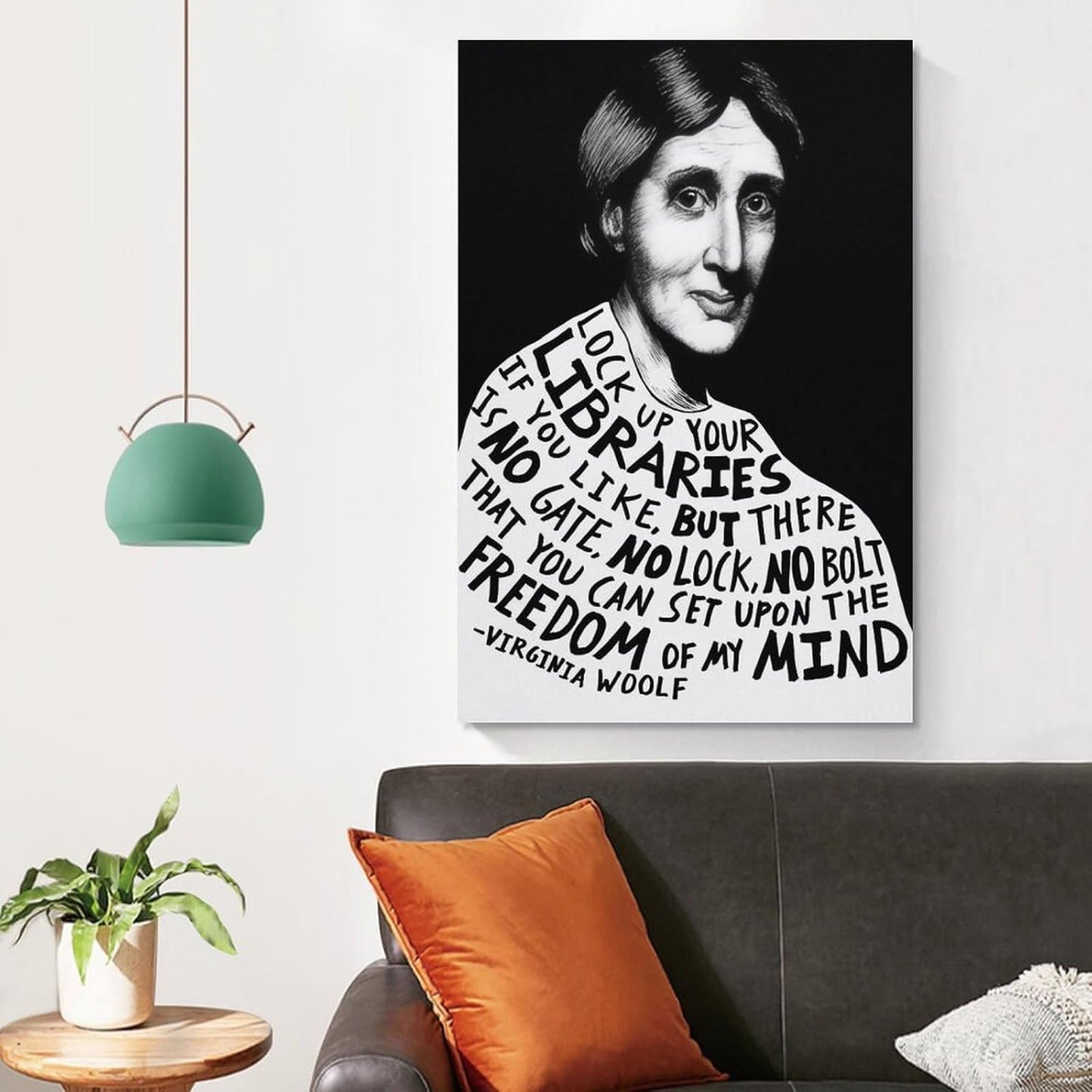 Virginia Woolf Library Freedom Quote Illustration Canvas Printing Wall Art Black White Portrait Typography Feminist Literature Prints Reading Nook Posters Book Lover Wall Decor 12x18inch(30x45cm)