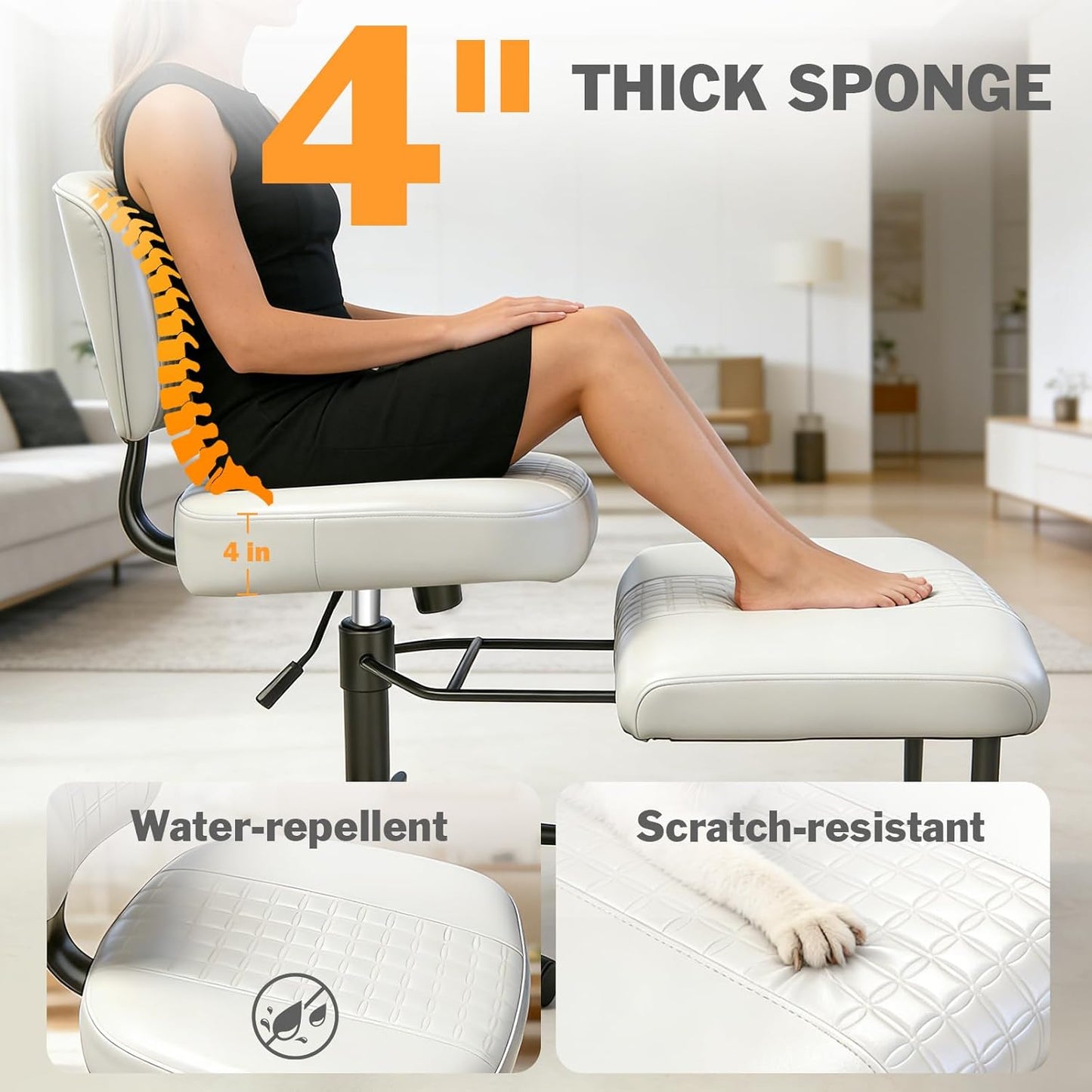 Meditation Chair with Footrest, 360° Swivel Height Adjustable Criss Cross Chair, White PU Padded Wide Seat, Home Office Desk Chair for Reading, Yoga, Peaceful Living
