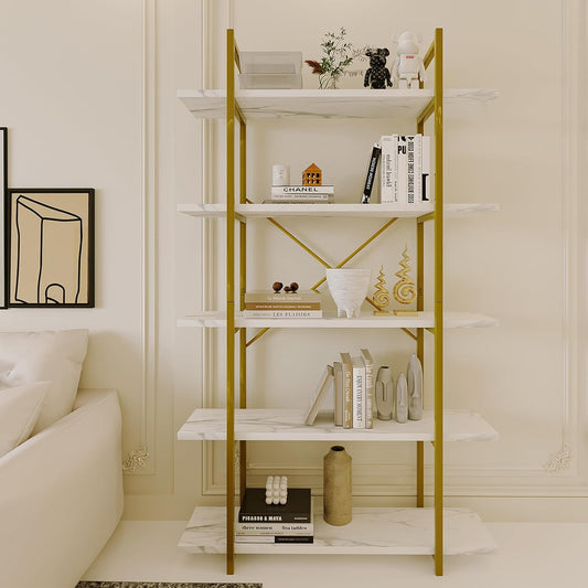 5 Tiers Bookshelf Organizer White Faux Marble Shelf,Modern Open Display Storage Bookcase, and Metal Bookshelf Standing Storage Shelf Tall Shelving Units for Home Office Study