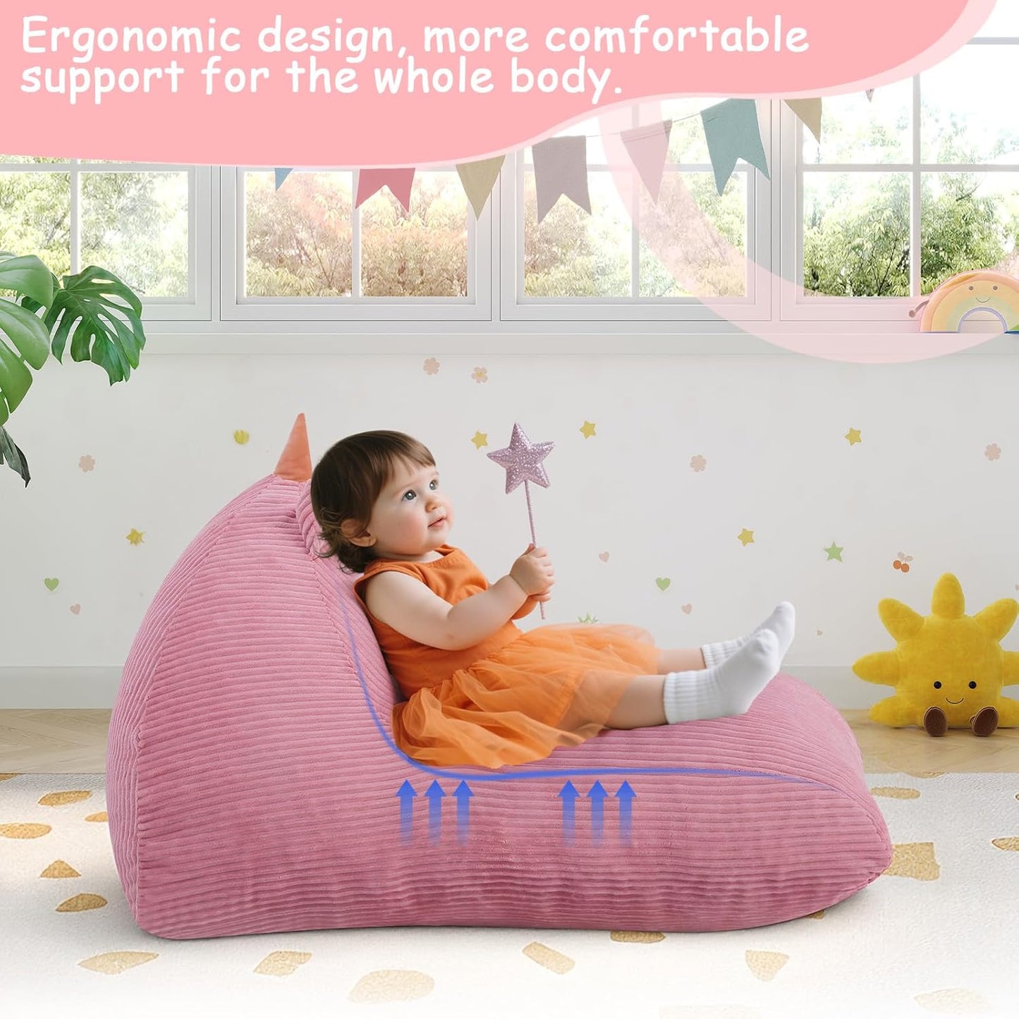 COMAX Bean Bag Chairs for Kids, Unicorn Kid Beanbag Chair with Filler, Toddler Lounge Bean Chair Corduroy, Lazy Floor Lounger for Girls and Boys Stuffed, Pink