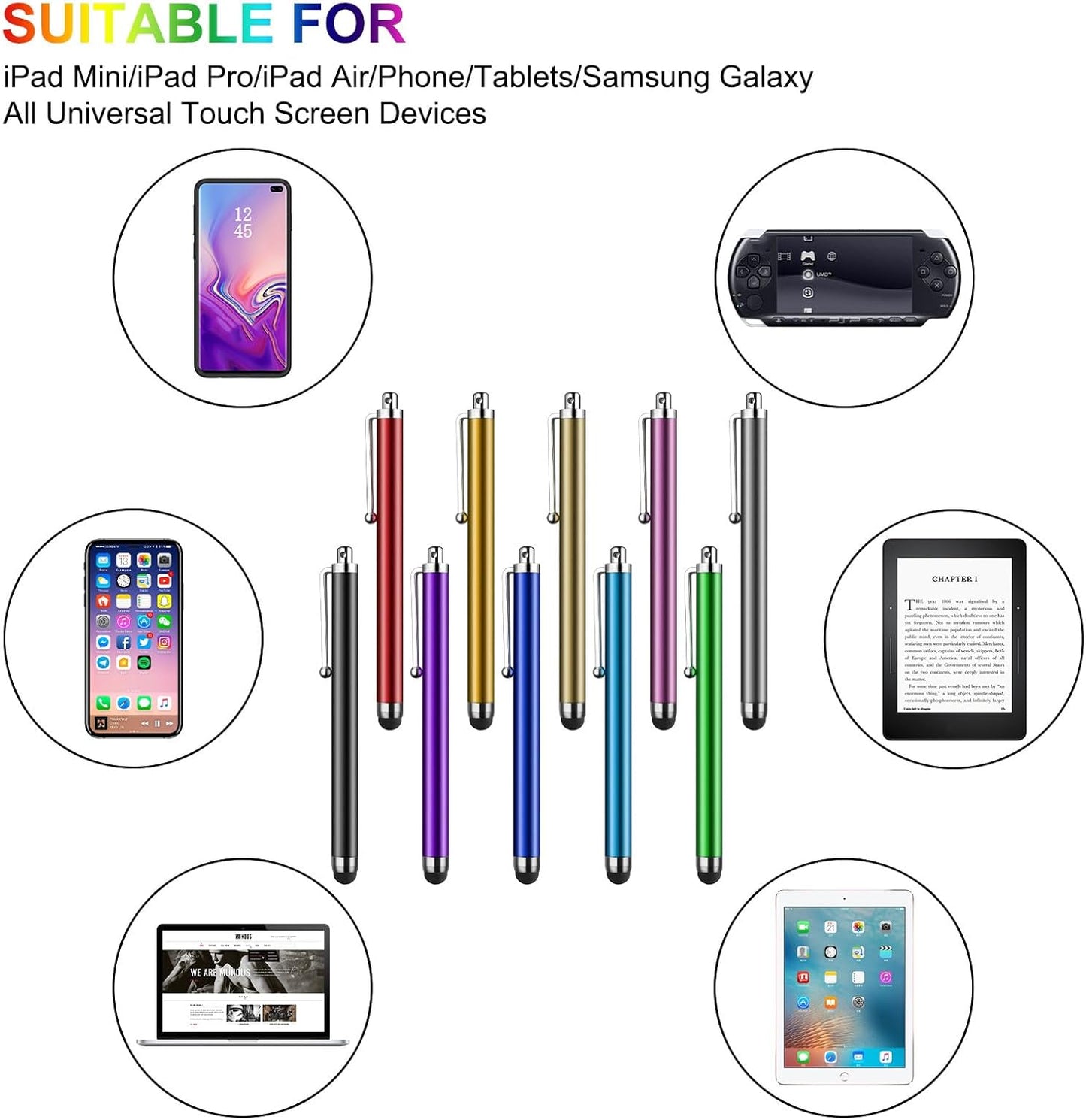 Stylus Pen [10 Pack] Universal Capacitive Touch Screen Pens for Tablets, iPad mini, iPad Pro, iPad Air, Smartphones, Samsung Galaxy - Multiple Colors