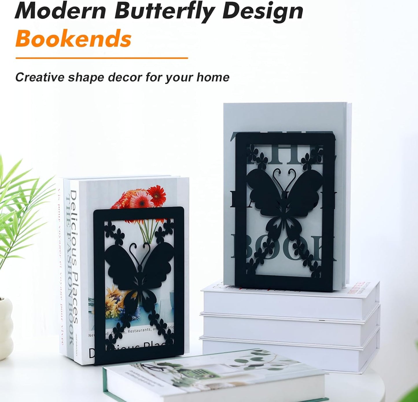 Aertiavty Butterfly Bookends 2 Pcs, Large Heavy Duty Metal Bookends for Shelves, Non-Skid Book Ends Decorative for Heavy Books, Book Holder for Home Office, Morden Book Stopper 7.9"x 4" x 5", 1 Pair